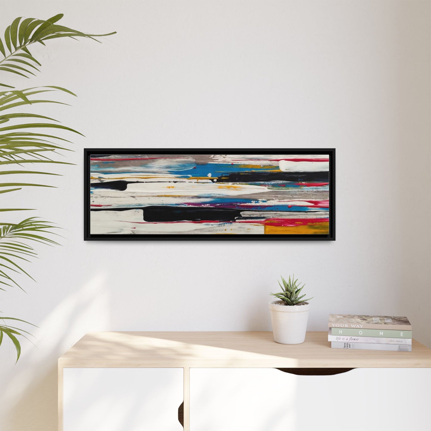 Abstract Multi-Color Framed Canvas Wall Art — Modern Horizontal Brushstroke Print