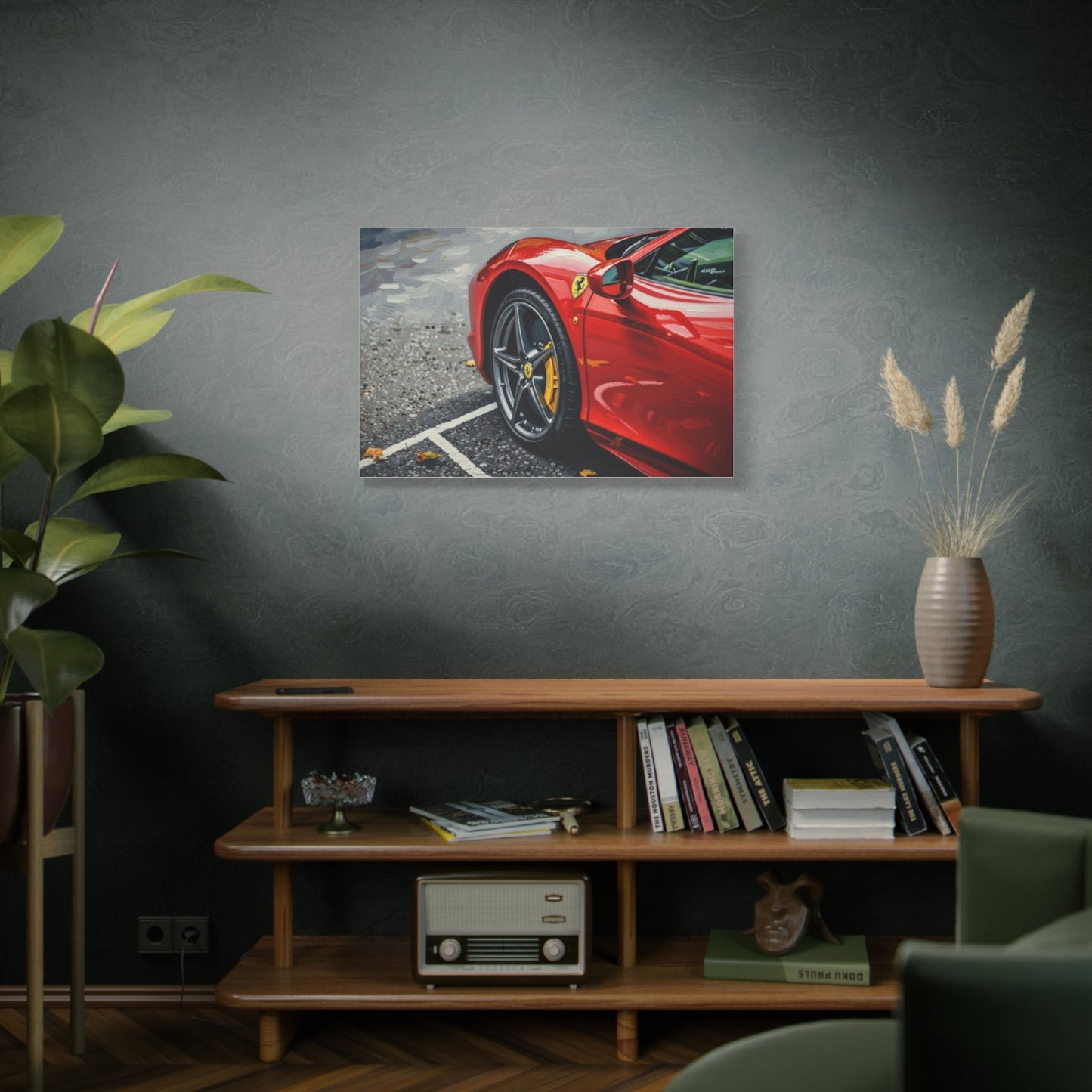 Red Sports Car Canvas Print — Ferrari Wheel Close-Up Matte Stretched Wall Art