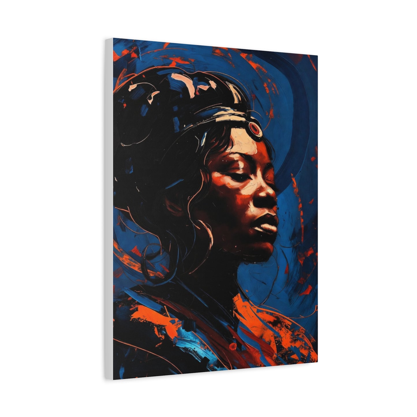 Regal Afrocentric Portrait Matte Canvas Art – Vibrant Blue & Orange Stretched Wall Decor