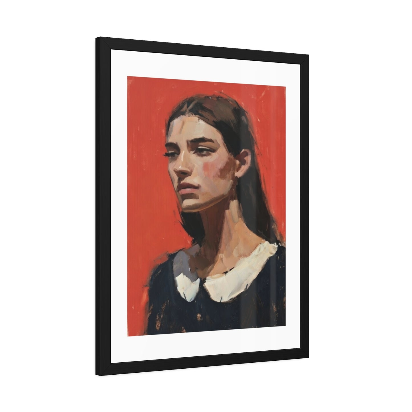 Framed Art Print — Distant Woman Portrait Painting on Red Background