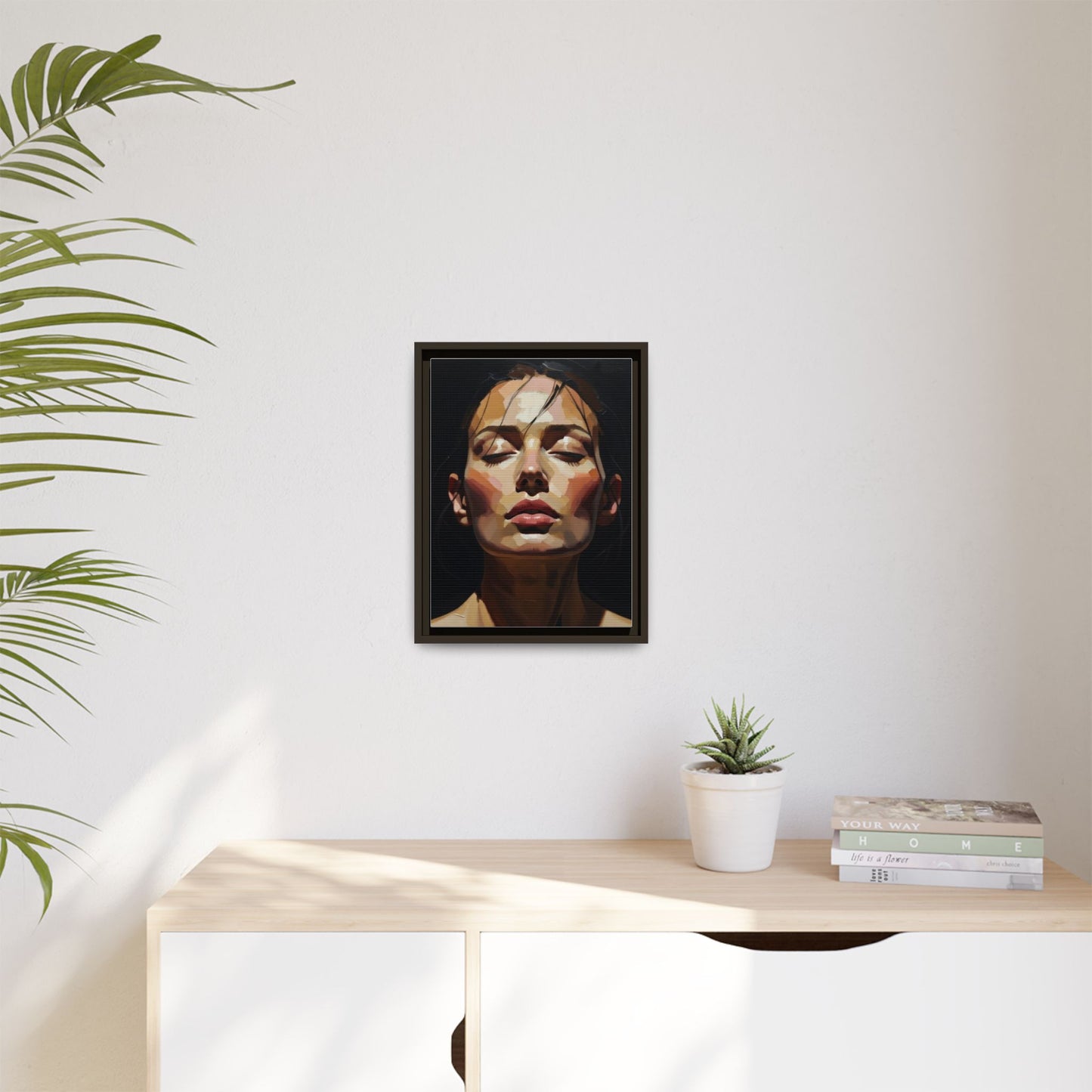 Framed Matte Canvas Portrait – Woman with Eyes Closed (Multi‑Color)