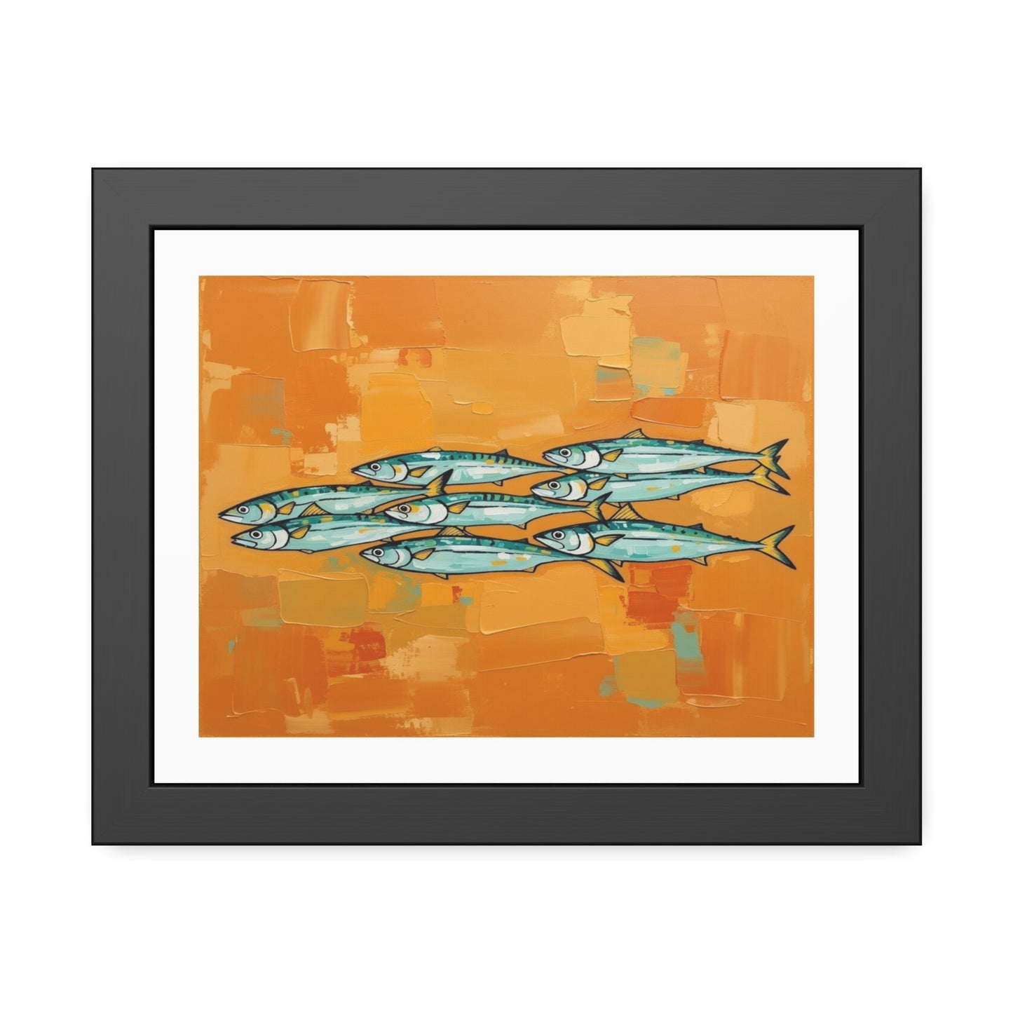 Framed Fish Art Print — School of Mackerel on Orange Abstract Background