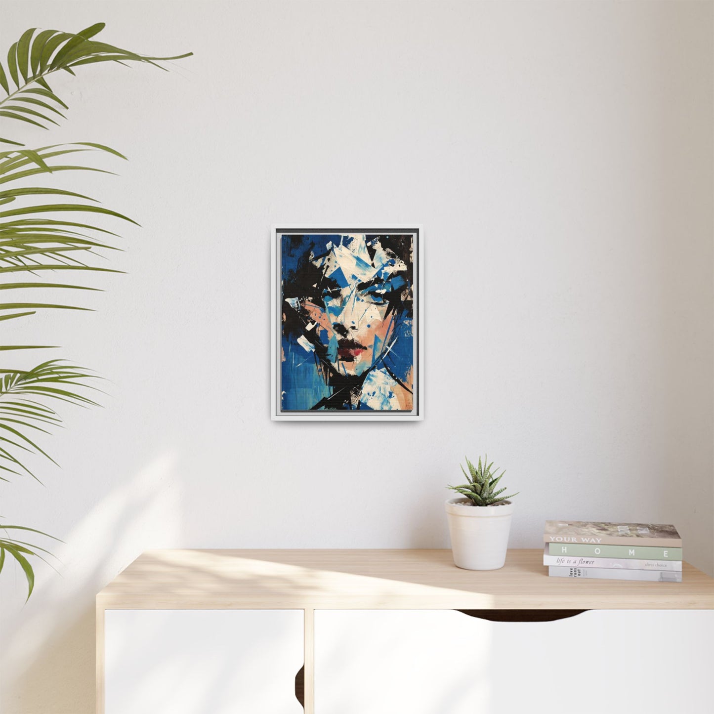 Abstract Portrait Matte Canvas Framed Wall Art — Blue Mixed-Media Face Print