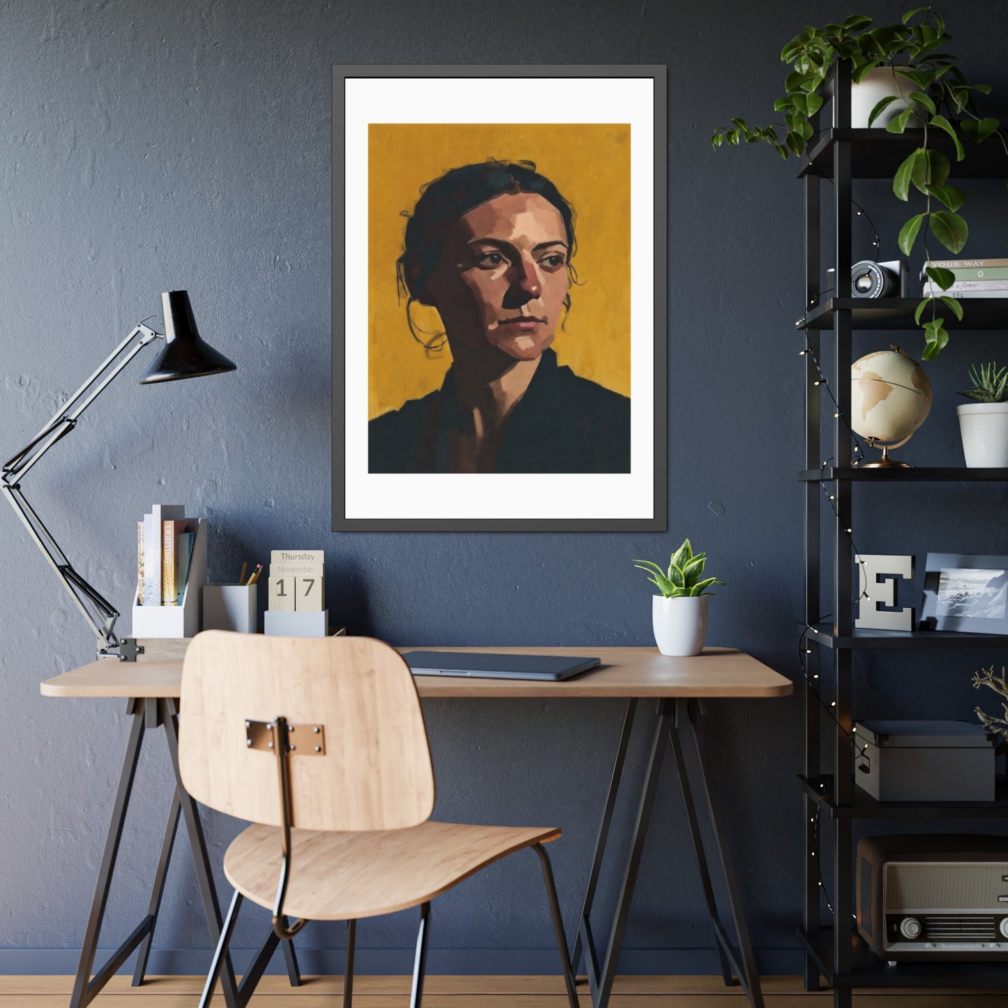 Framed Portrait Poster — Modern Painted Portrait on Mustard Background