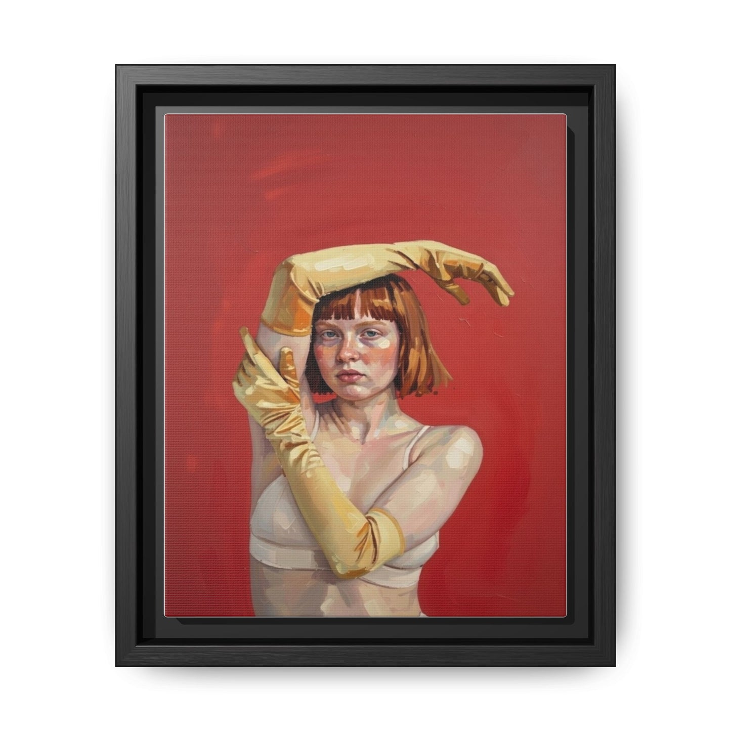 Framed Matte Canvas Art - Portrait of Woman in Yellow Gloves (Red Background)