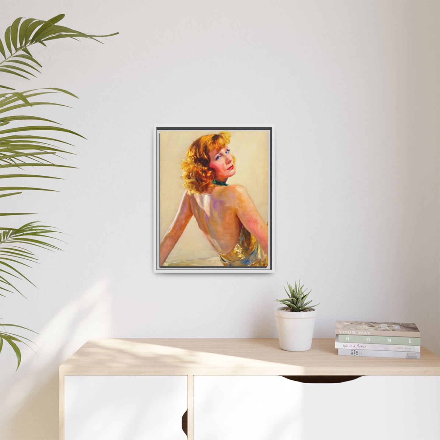 Framed Matte Canvas Print — Vintage Portrait of Redhead Greta Garbo in Gold Dress