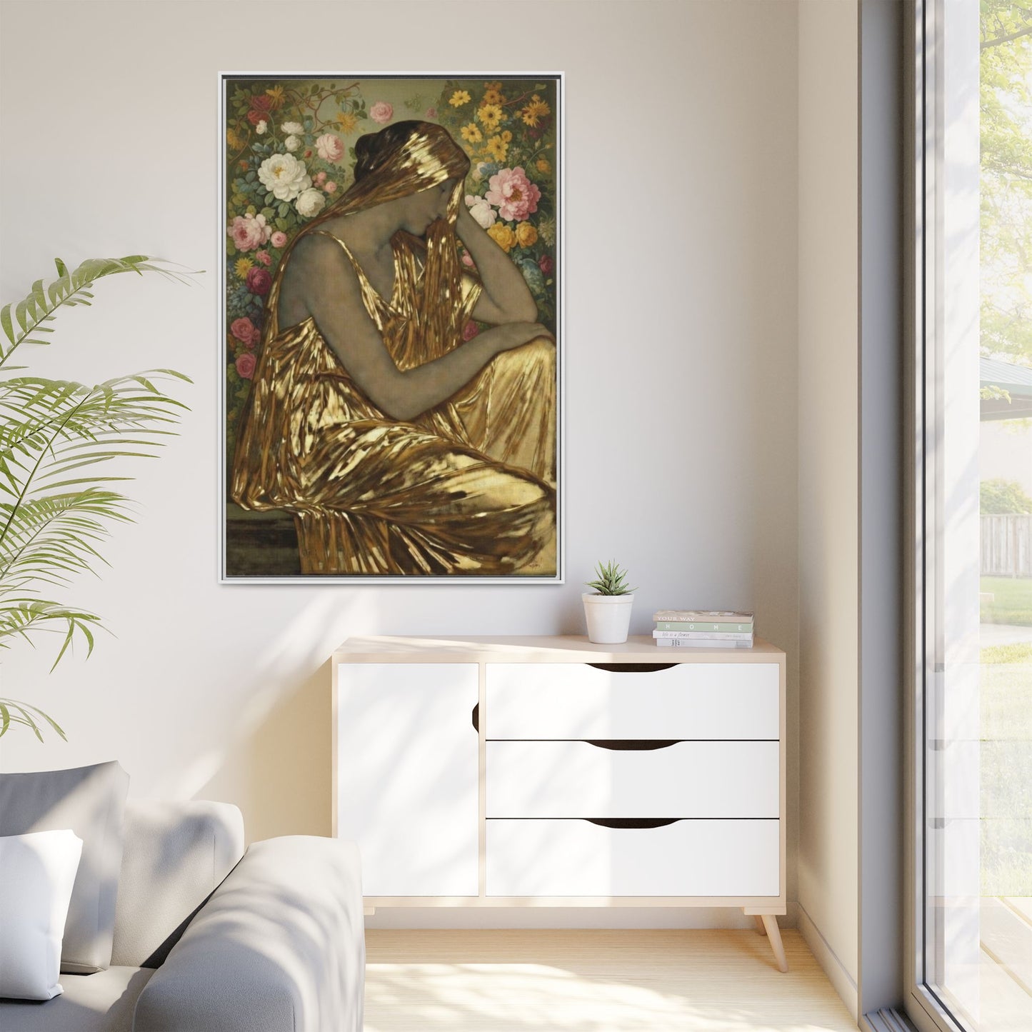 Framed Canvas Art Print — Golden Muse Woman with Floral Background