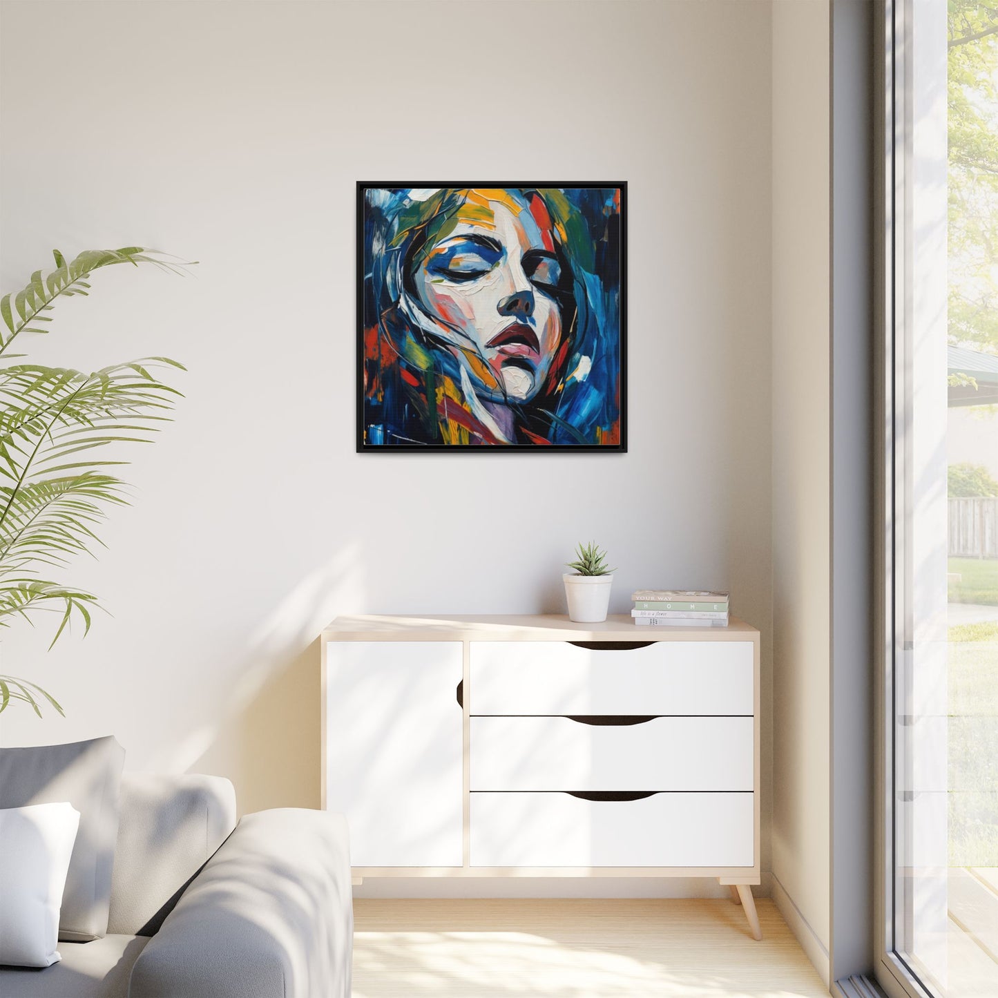Abstract Colorful Woman Portrait — Framed Matte Canvas Wall Art