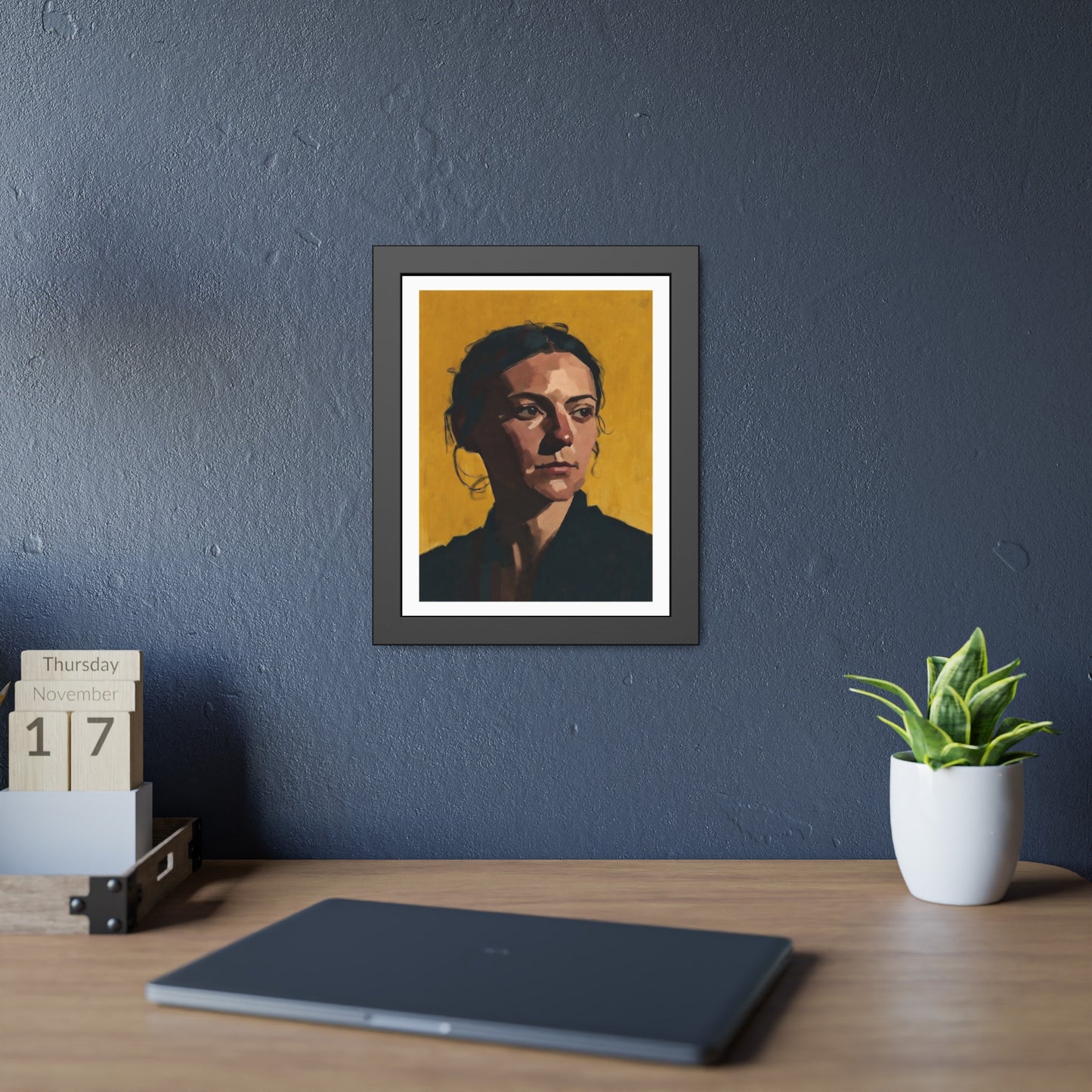 Framed Portrait Poster — Modern Painted Portrait on Mustard Background