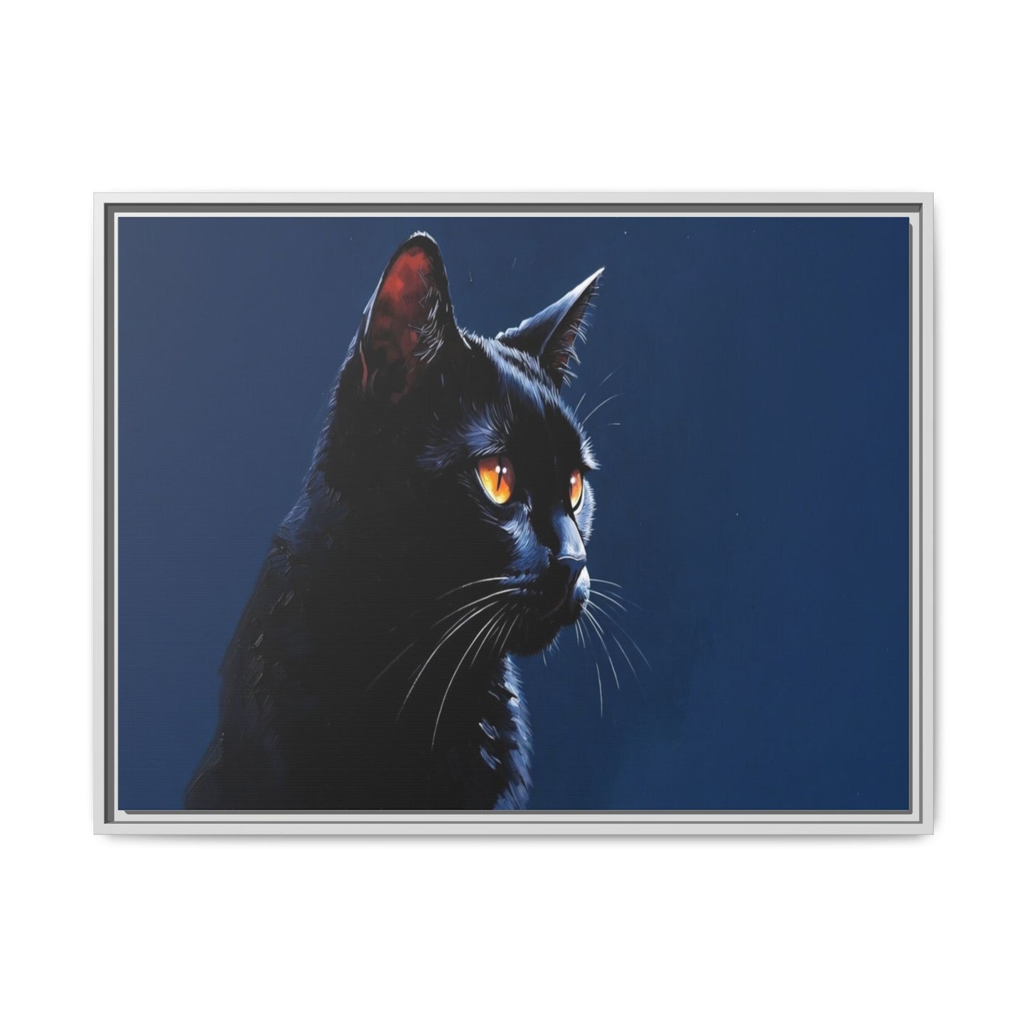 Black Cat Portrait Matte Canvas Framed Wall Art — Dramatic Feline Photo Print