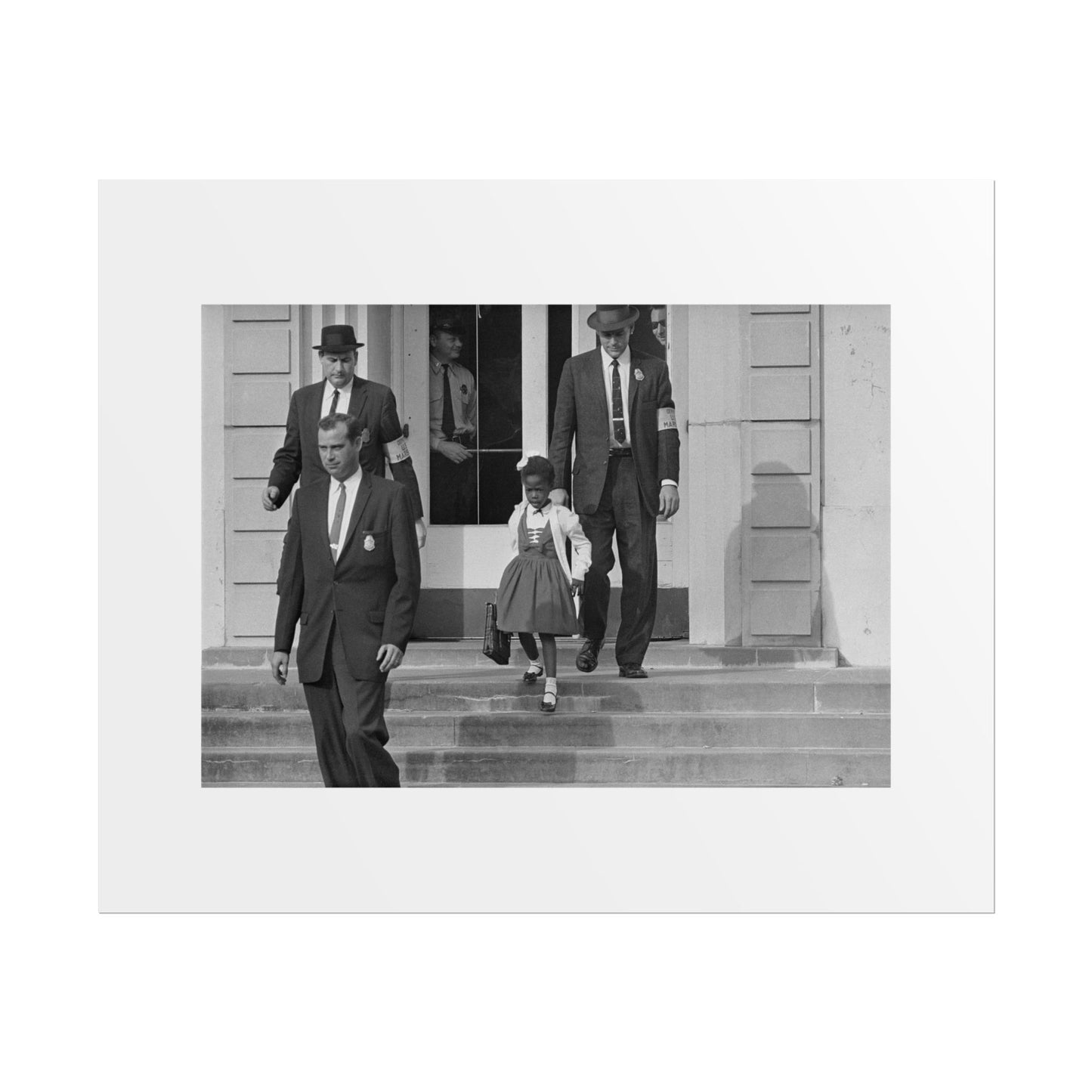 US Marshals with Young Ruby Bridges on School Steps by Unknown  Black & White Civil Rights Photograph Wall Art Print