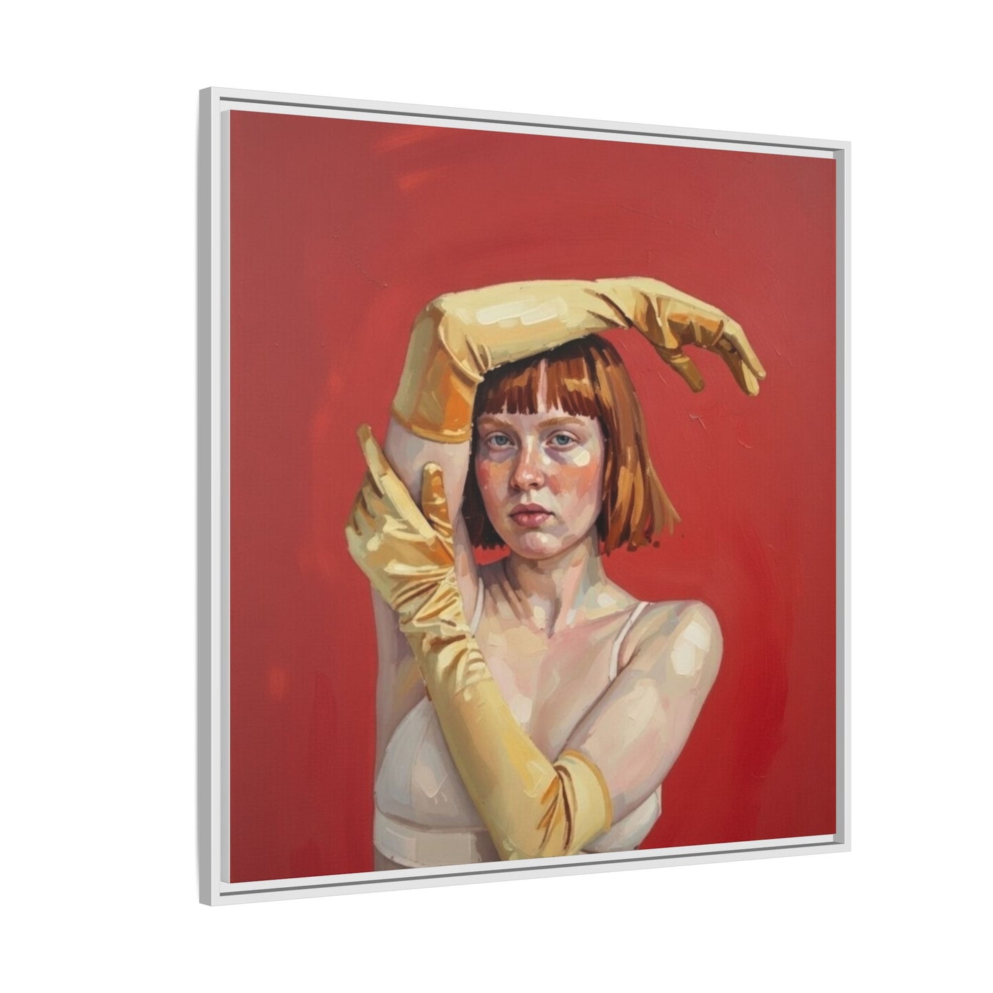 Framed Matte Canvas Art - Portrait of Woman in Yellow Gloves (Red Background)