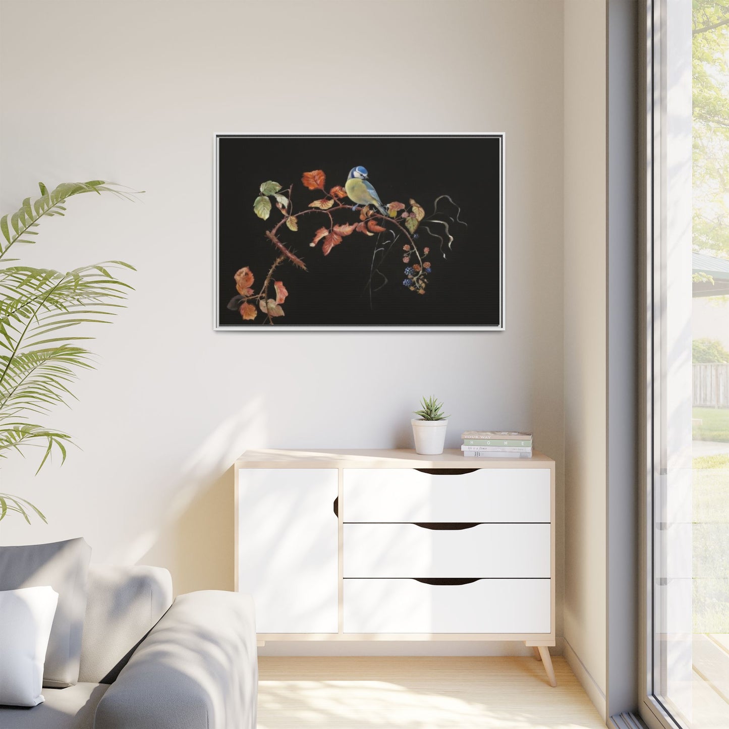 Framed Matte Canvas - Blue Tit on Autumn Branch Wall Art
