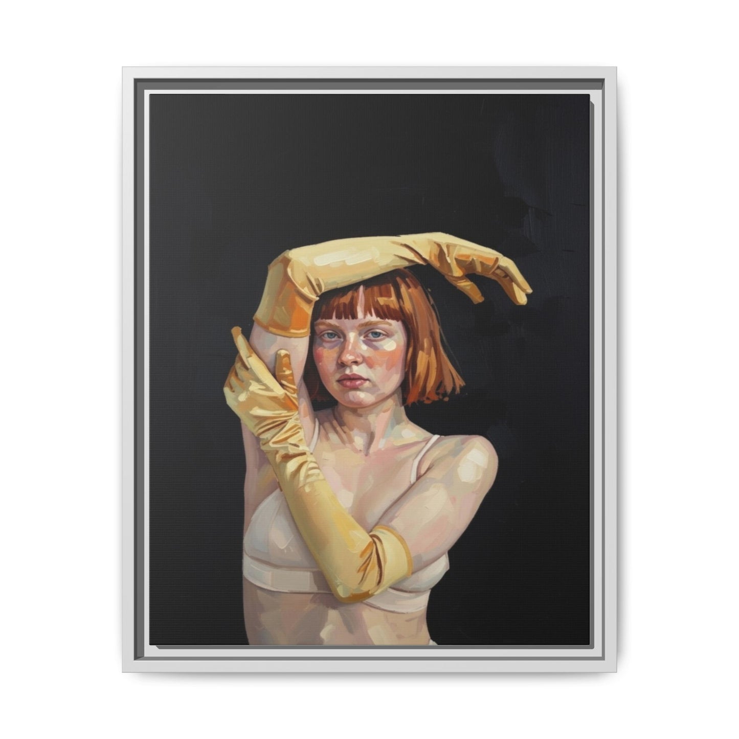 Framed Matte Canvas Art – Portrait of Woman in Yellow Gloves
