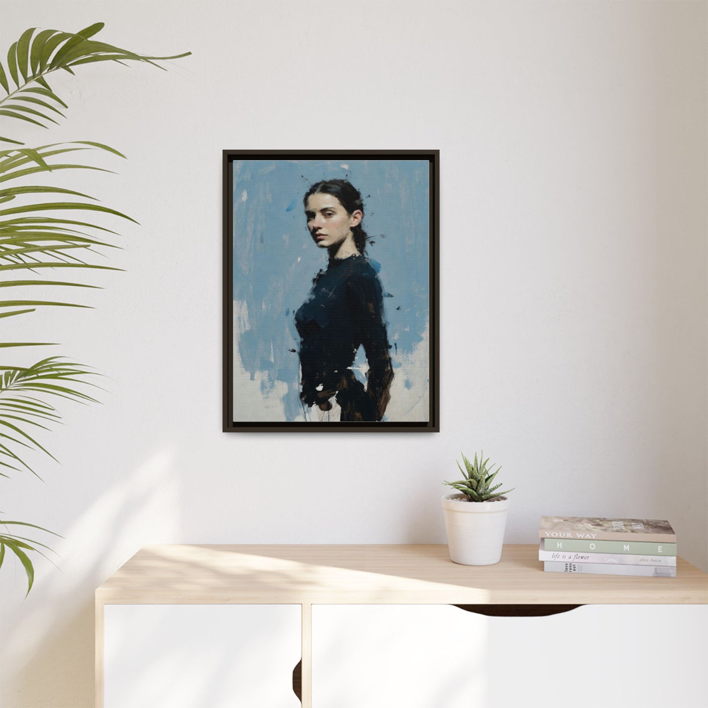 Framed Matte Canvas Portrait Print — Elegant Blue Woman Art