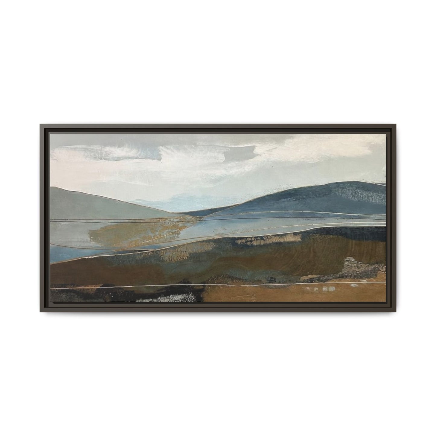 Framed Matte Canvas Landscape Art - Serene Abstract Hills in Blue & Earth Tones