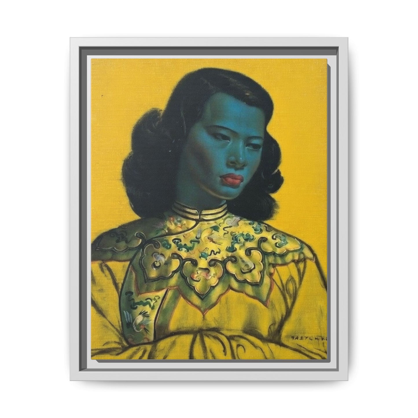 Framed Matte Canvas Art Print — Vintage Portrait with Yellow Background