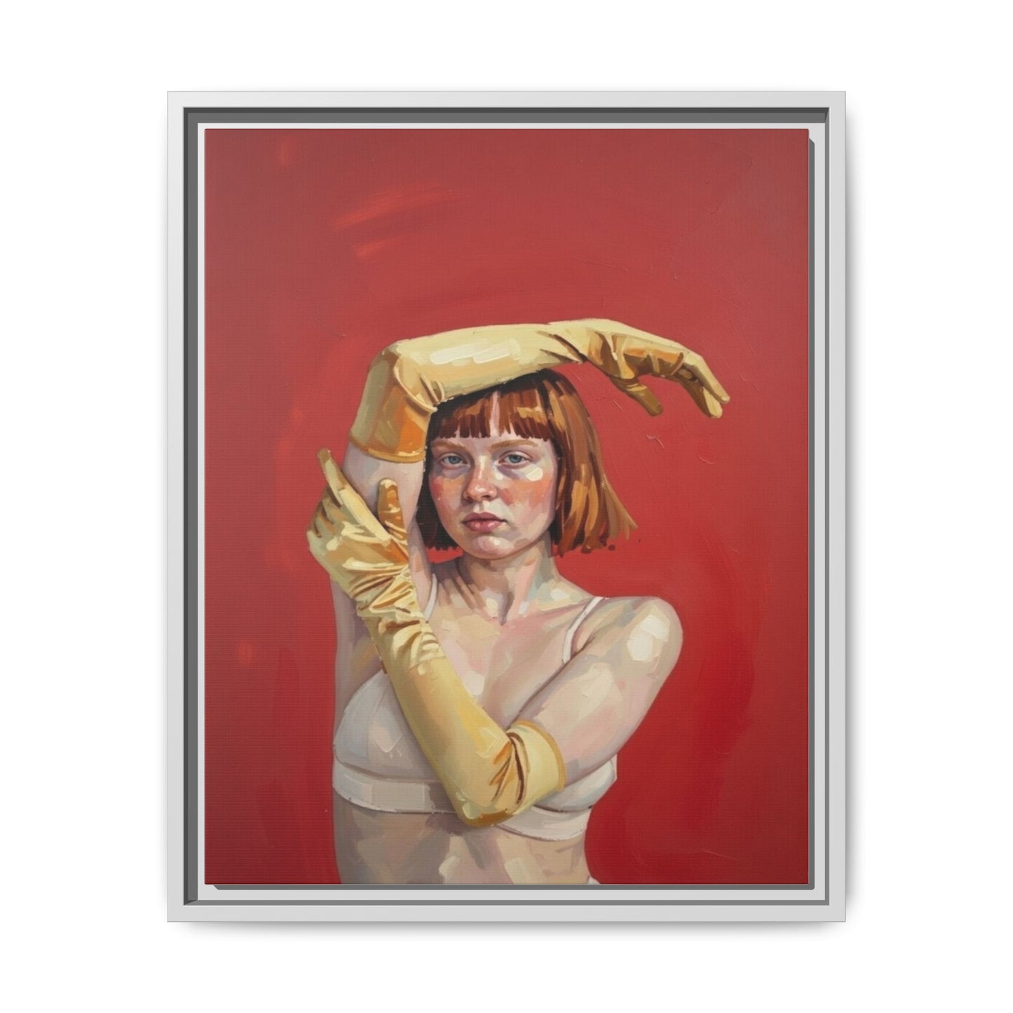 Framed Matte Canvas Art - Portrait of Woman in Yellow Gloves (Red Background)