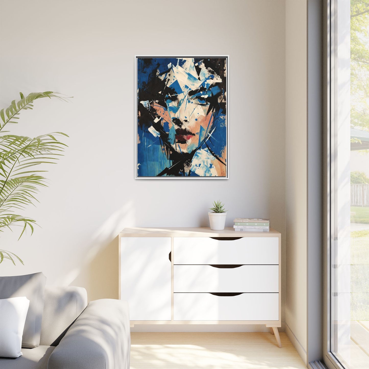 Abstract Portrait Matte Canvas Framed Wall Art — Blue Mixed-Media Face Print