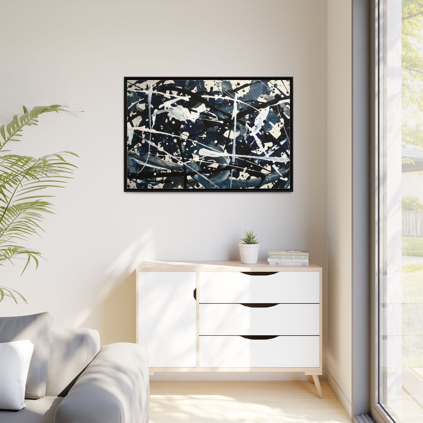 Abstract Splatter Matte Canvas Framed Wall Art — Black & Blue Modern Art Print