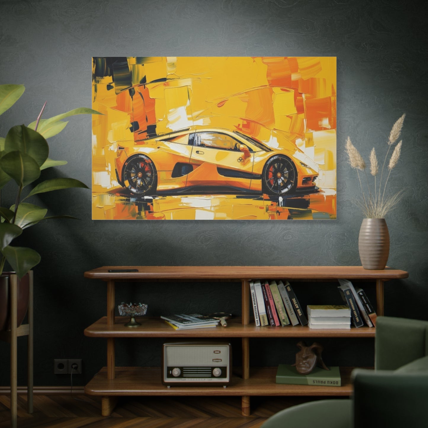 Yellow Sports Car Abstract Canvas Art - Matte Stretched Wall Print
