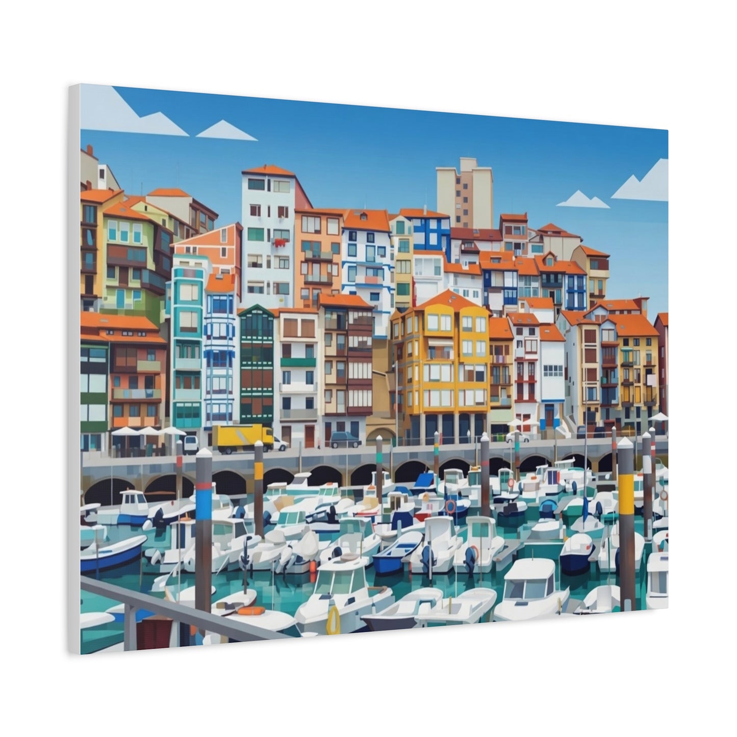 Colorful Coastal Harbor Matte Canvas Print — Stretched Wall Art