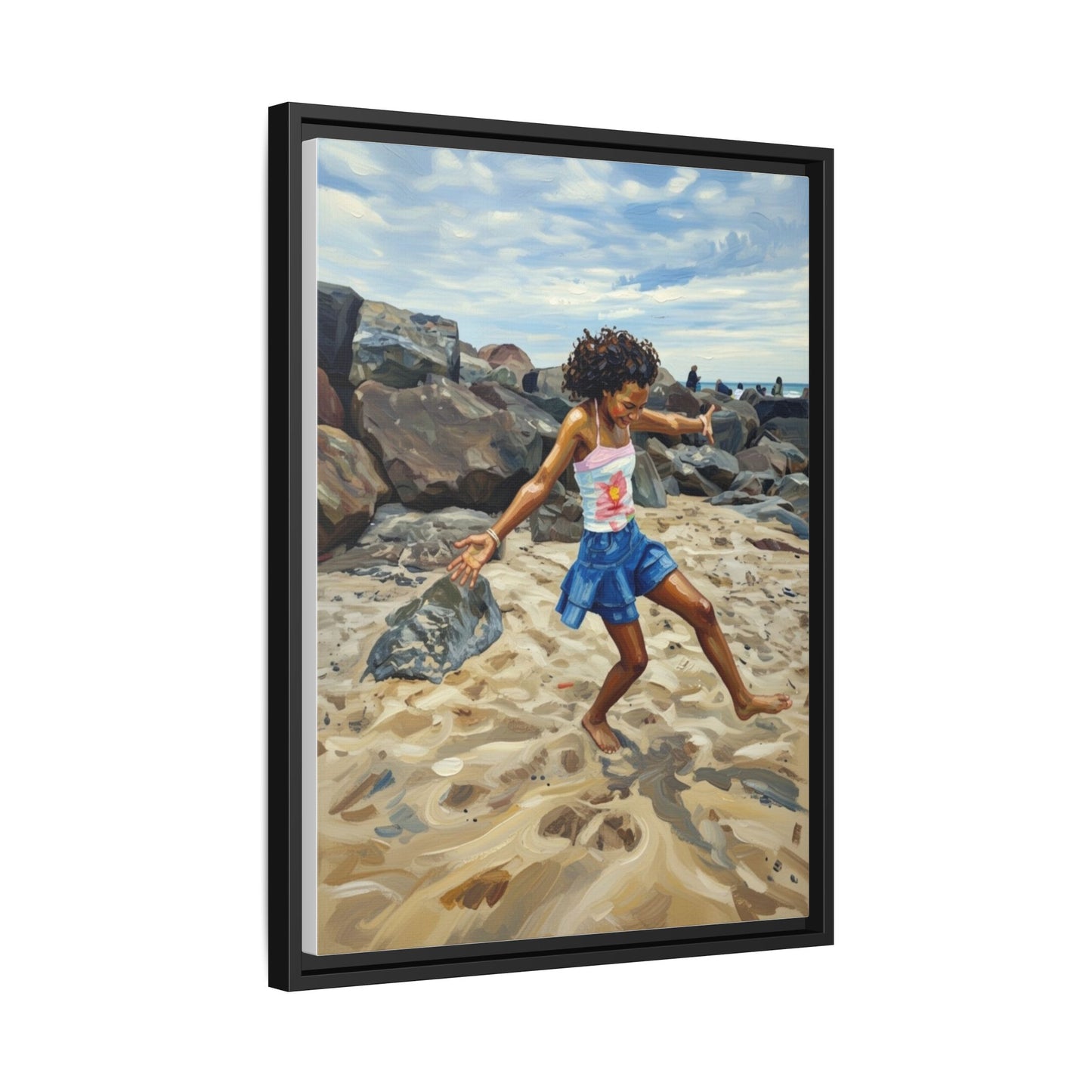 Framed Canvas Art - Girl Dancing on the Beach (Matte Multi-Color)