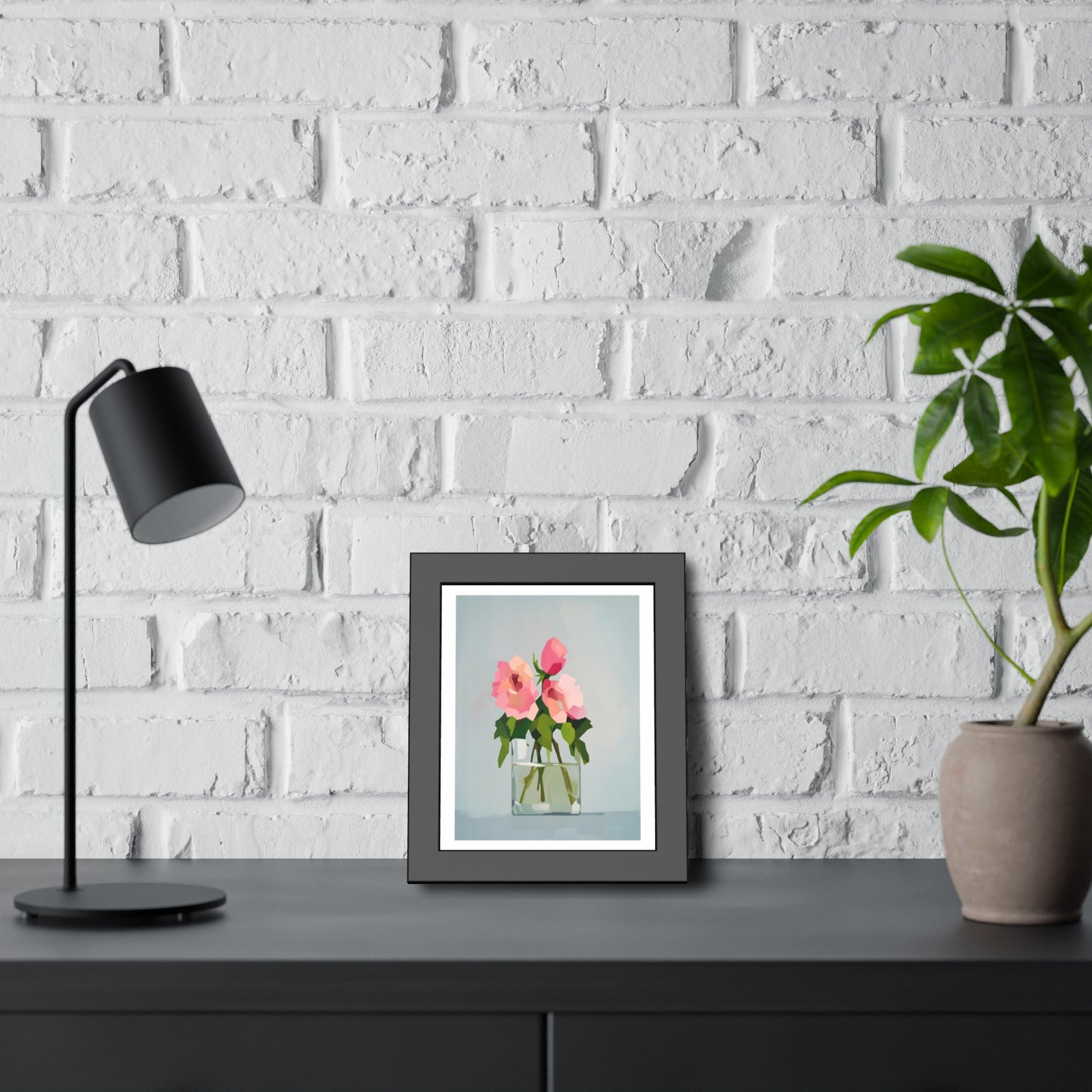 Framed Floral Poster — Pink Rose Vase Wall Art