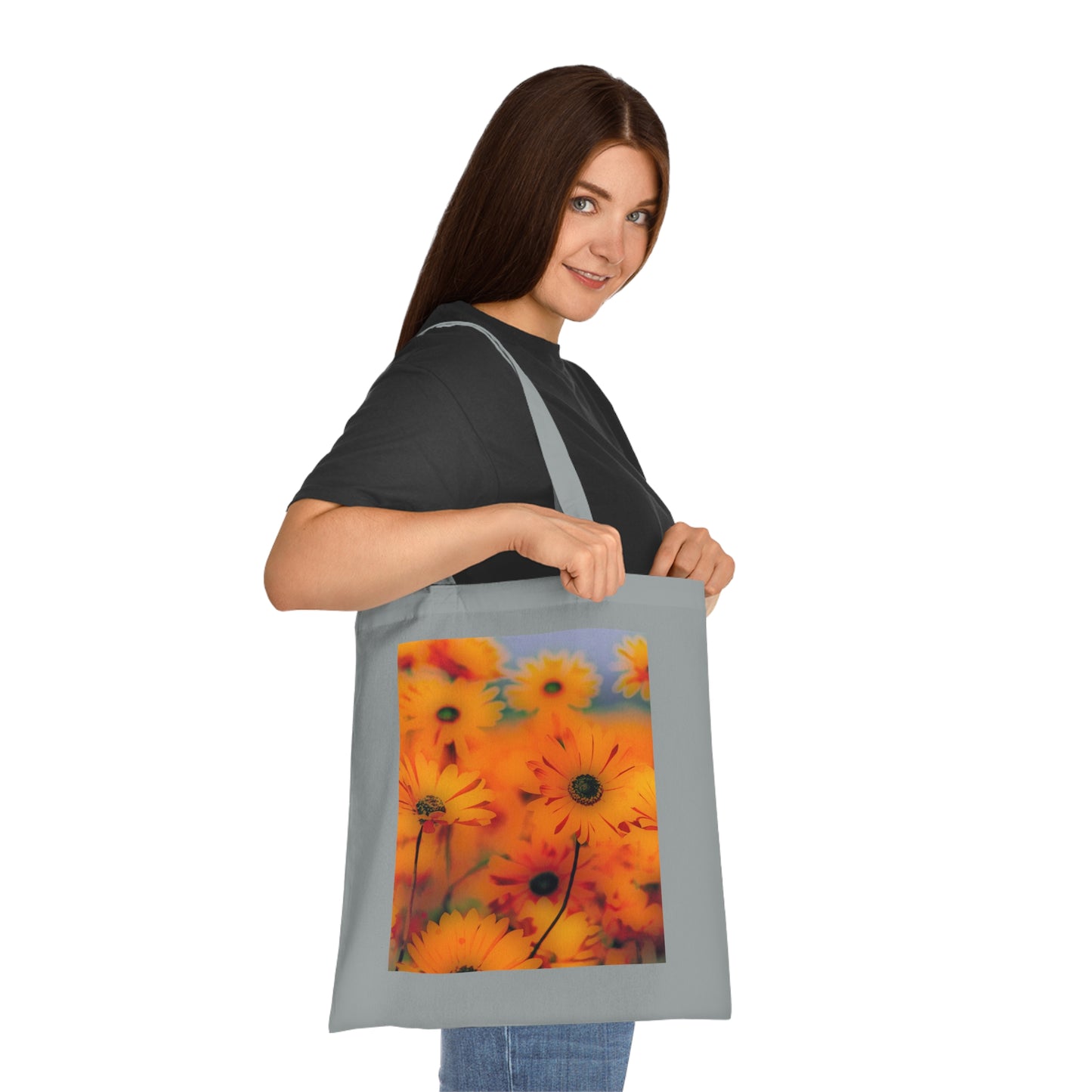 Floral Sunburst Cotton Tote — Bright Orange Daisy Print