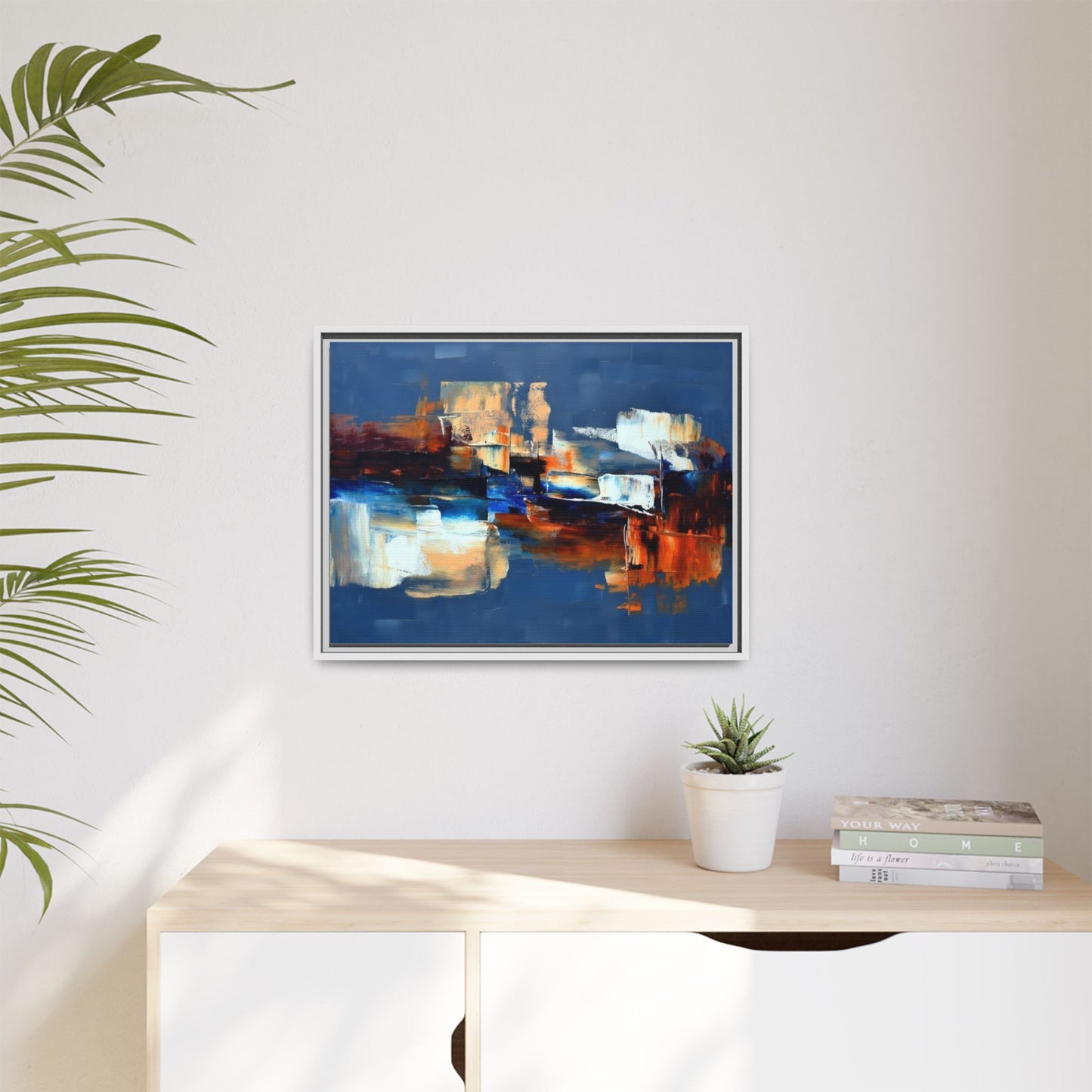 Abstract Blue & Rust Framed Canvas Art — Modern Matte Wall Painting