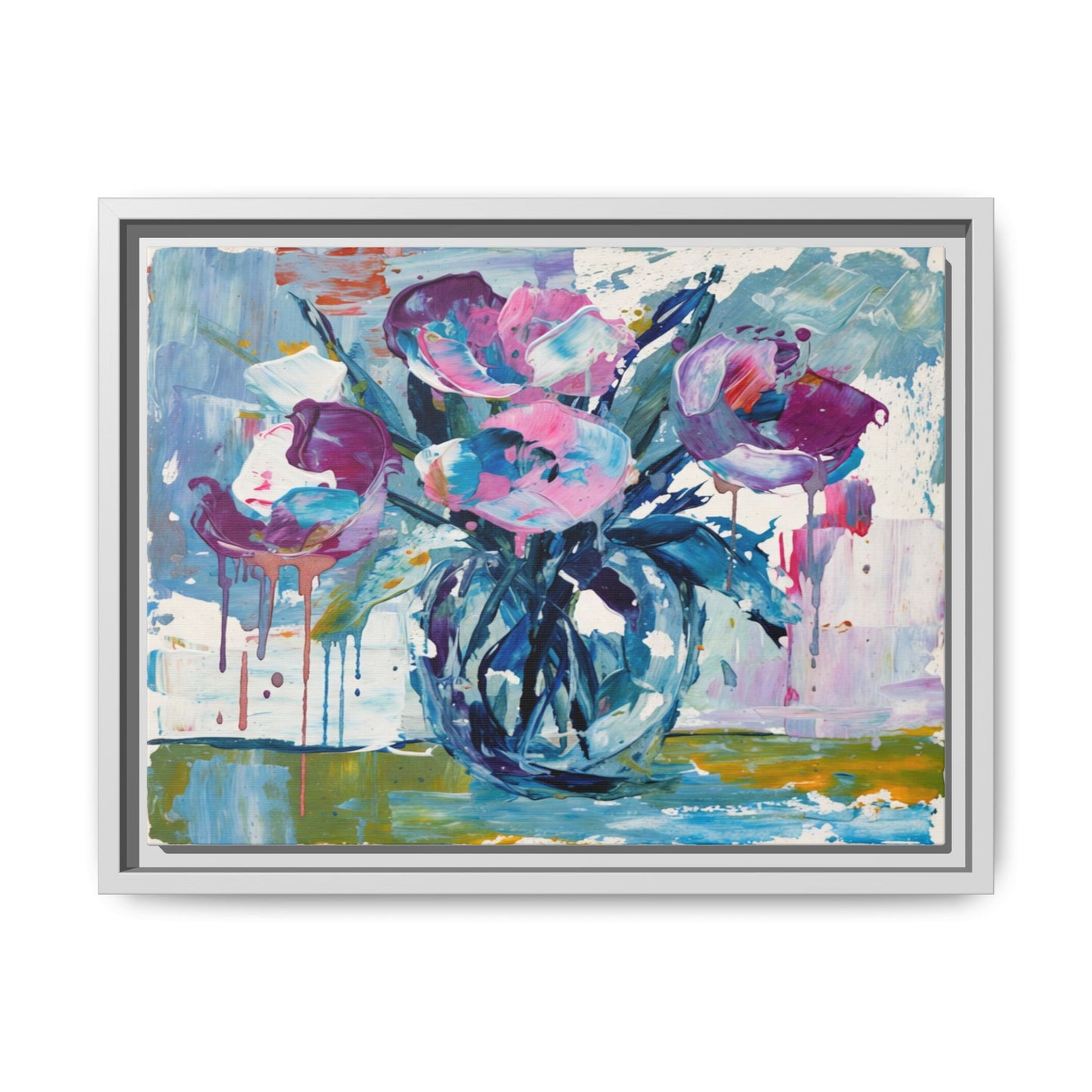 Framed Floral Canvas Art — Abstract Pink & Blue Bouquet