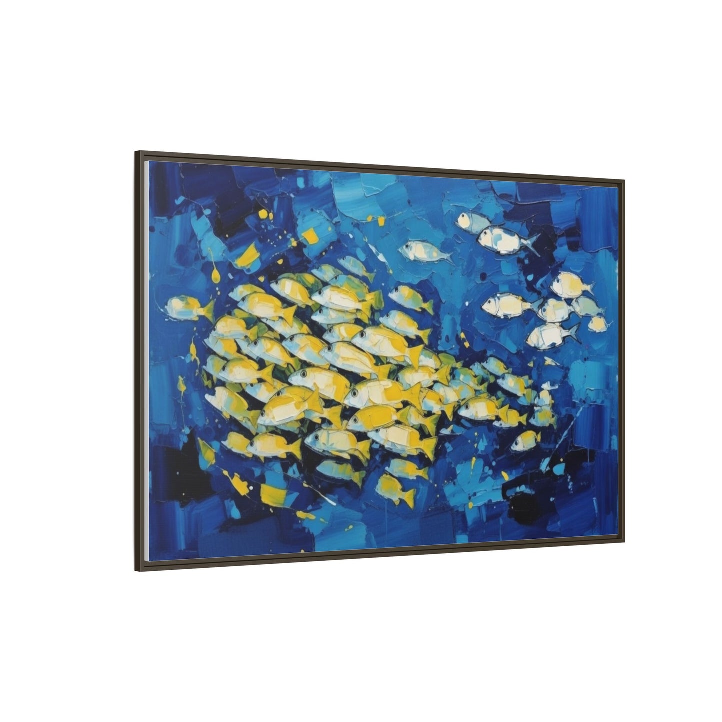 Framed Matte Canvas: Blue School of Fish Wall Art