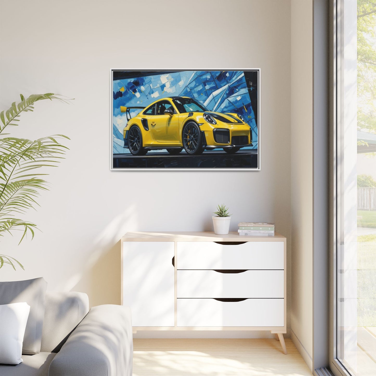 Yellow Porsche Sports Car Matte Framed Canvas – Modern Automotive Wall Art