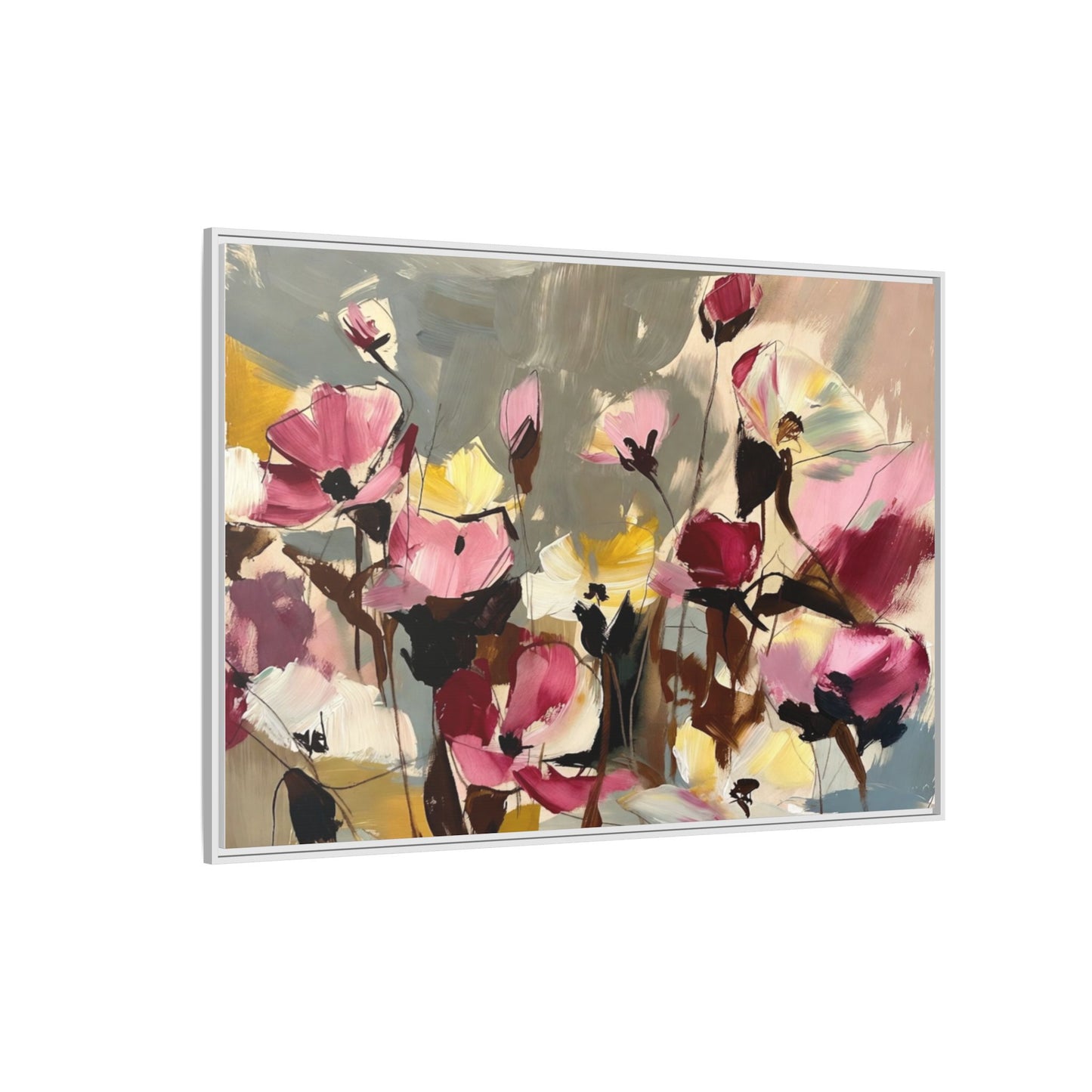 Framed Floral Canvas Wall Art — Abstract Pink & Yellow Flowers