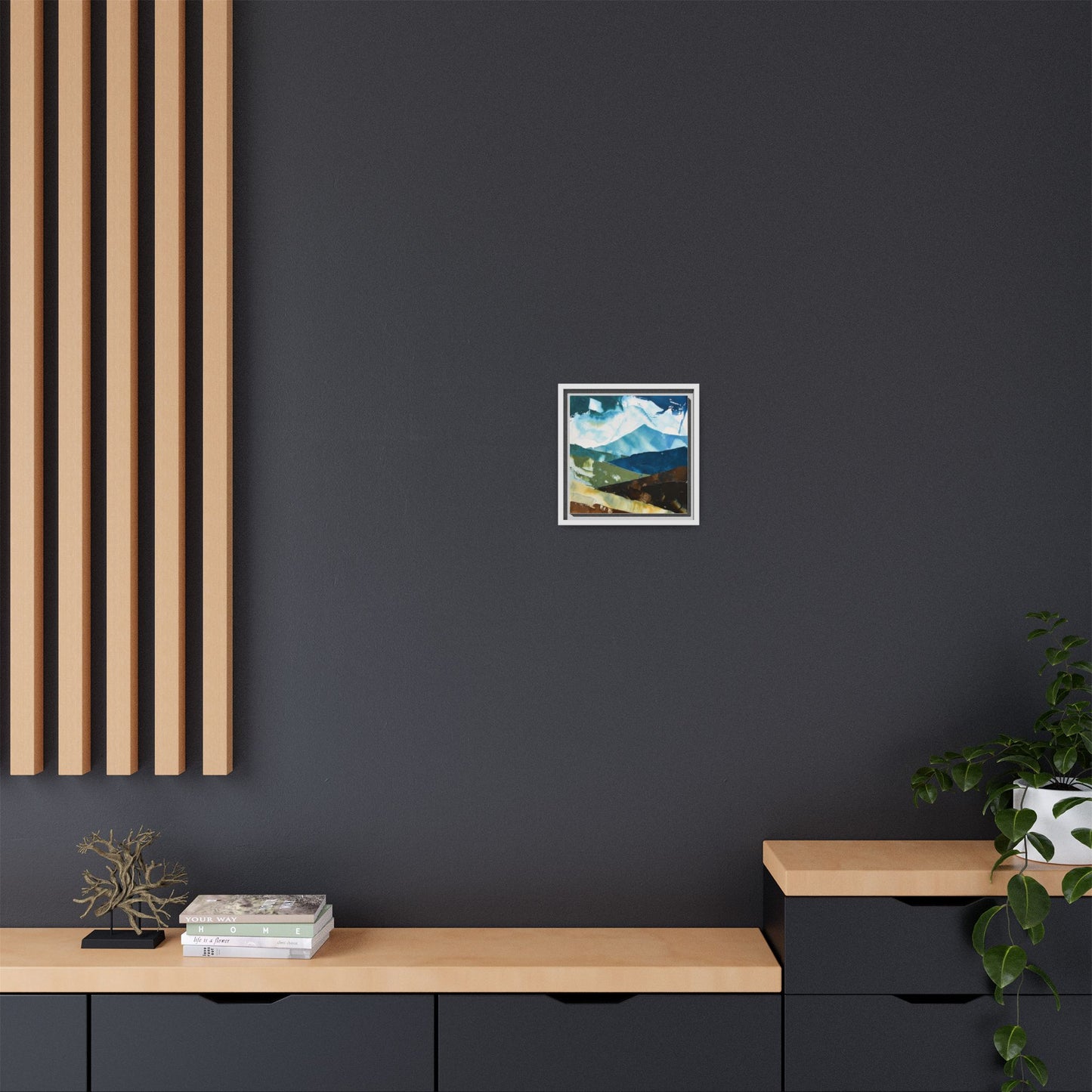 Framed Abstract Mountain Canvas Art — Blue & Earthtone Landscape Print
