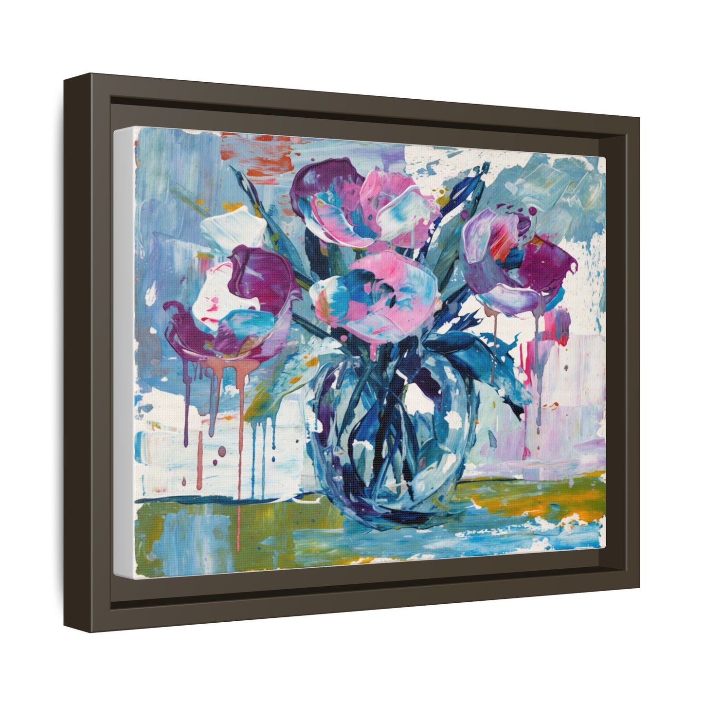 Framed Floral Canvas Art — Abstract Pink & Blue Bouquet
