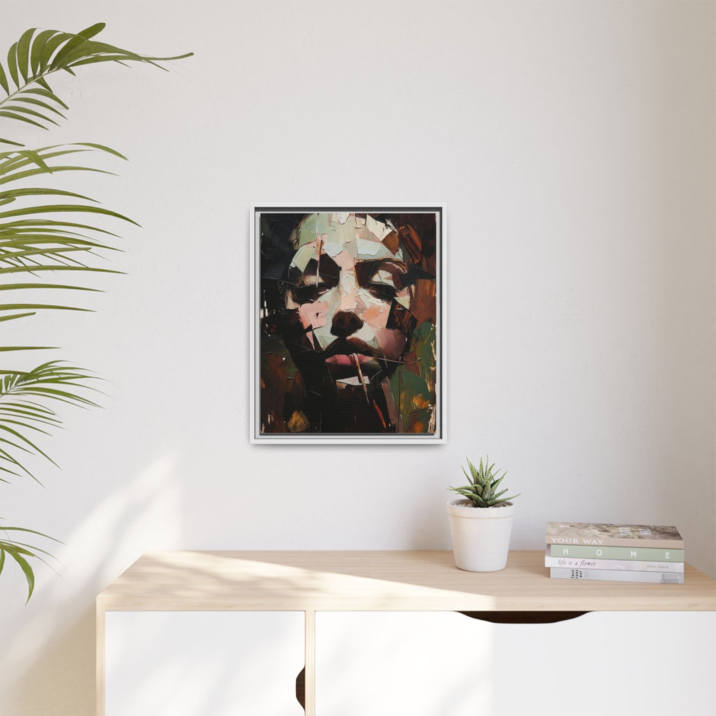 Matte Framed Canvas Art — Abstract Female Portrait, Moody Multicolor