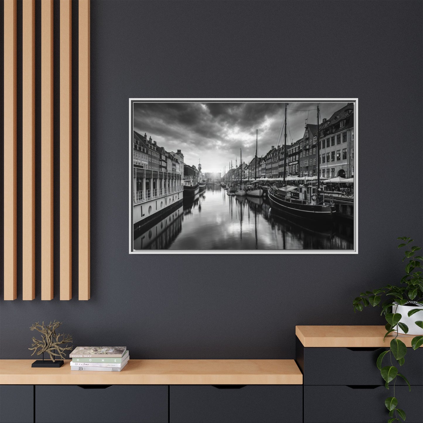 Framed Matte Canvas: Black & White Dutch Canal Photography Wall Art