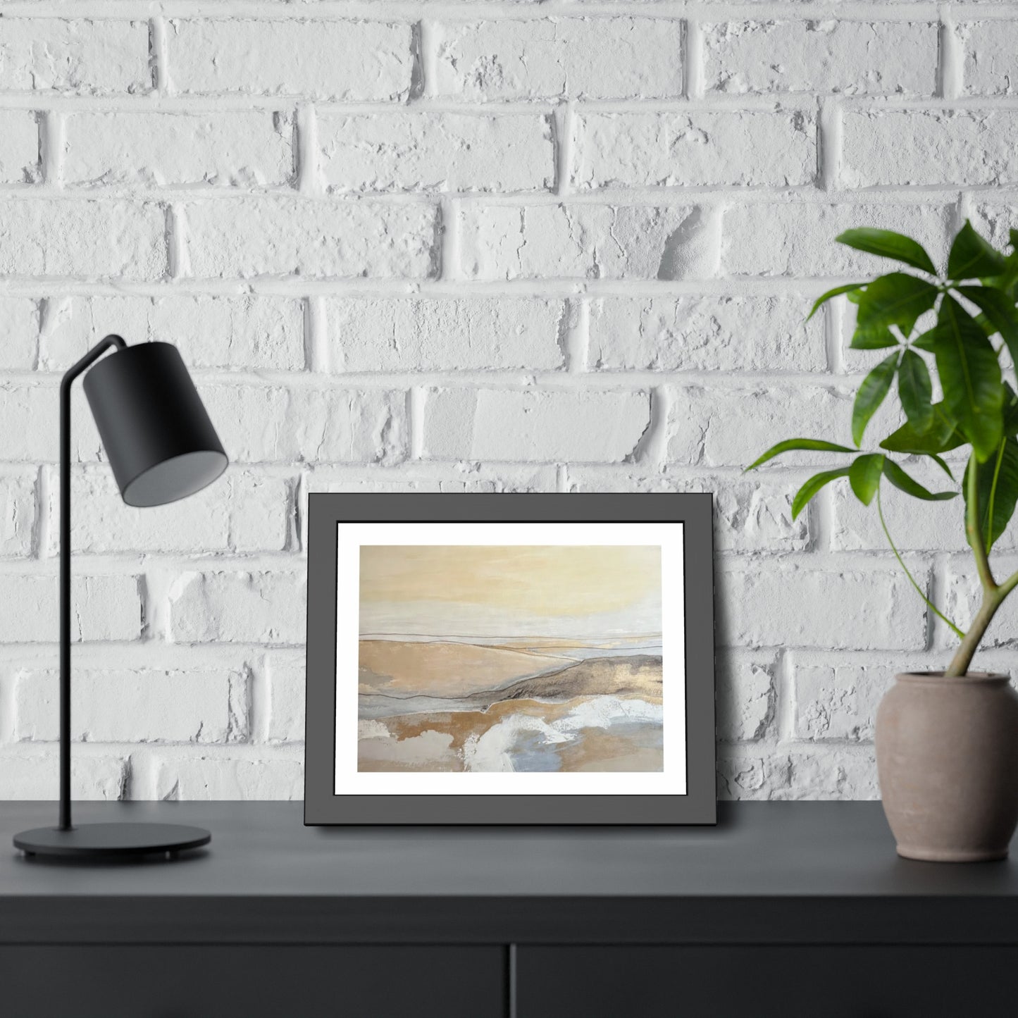Abstract Coastal Landscape Framed Paper Poster — Neutral Beige Blue Wall Art