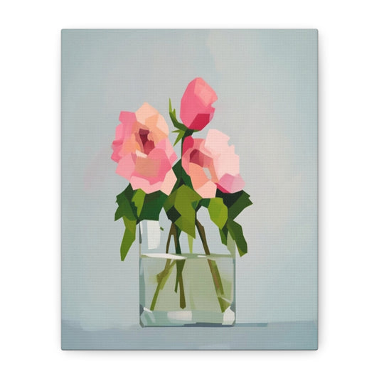 Pink Roses in Square Vase - Matte Stretched Canvas Wall Art