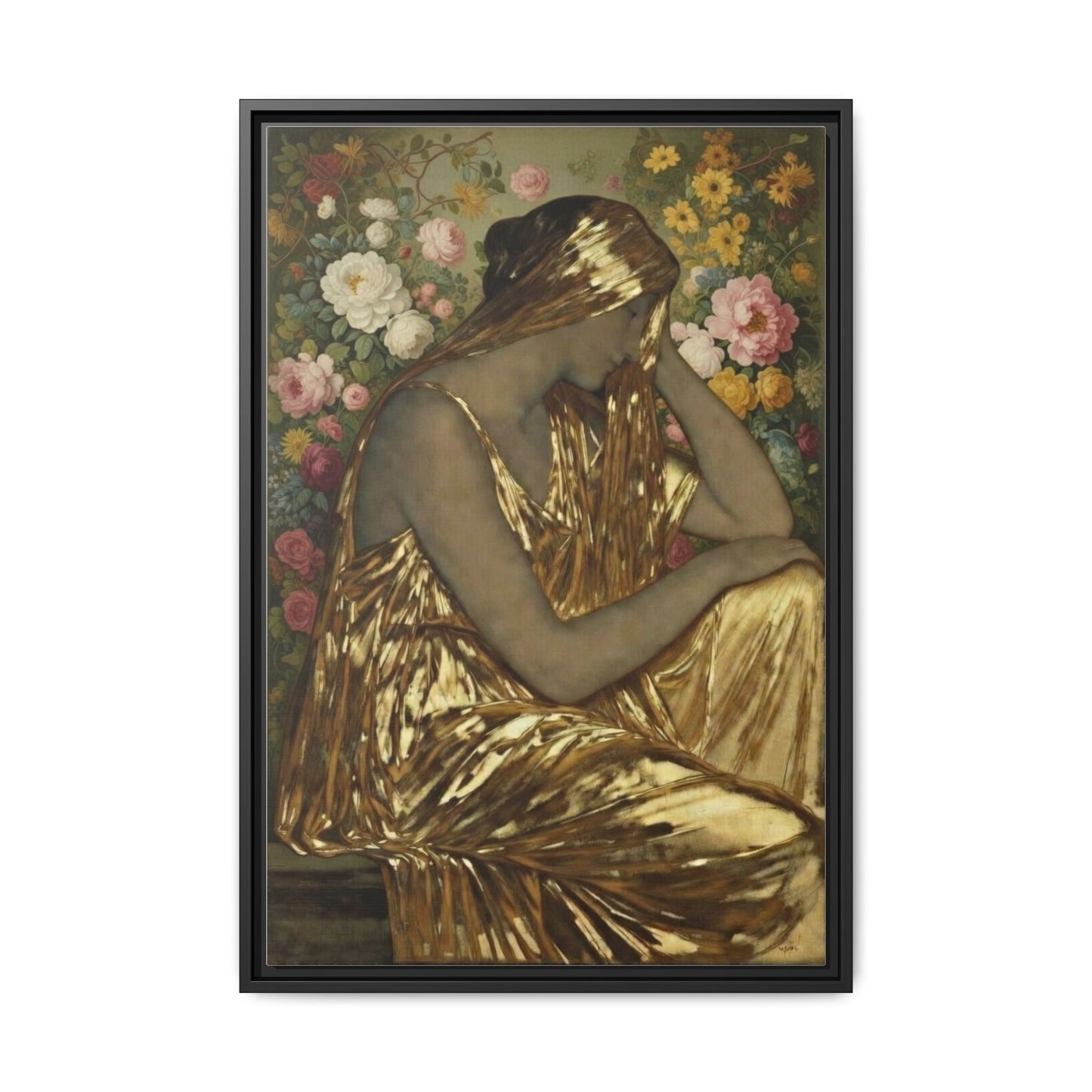 Framed Canvas Art Print — Golden Muse Woman with Floral Background
