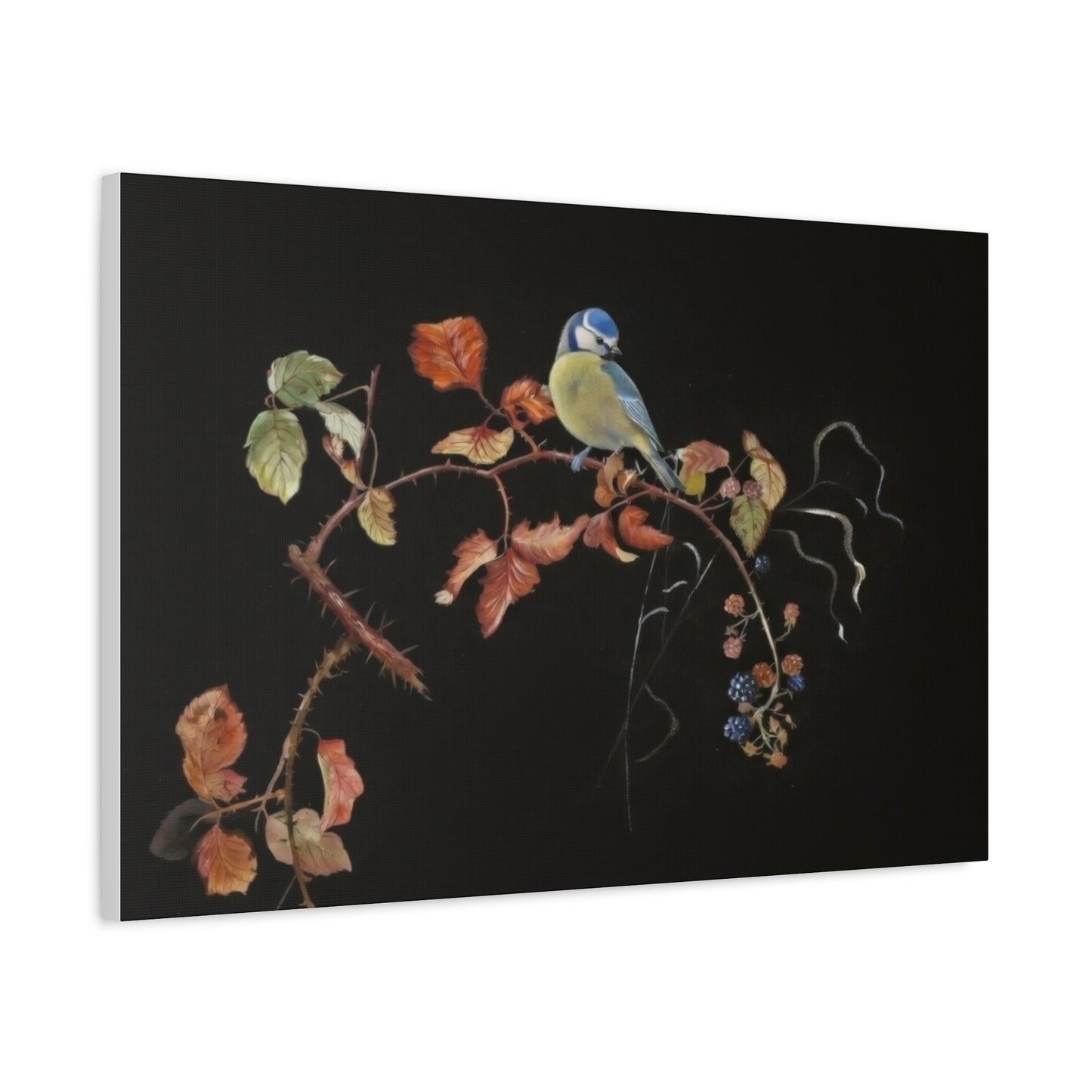 Canvas Wall Art - Blue Tit on Autumn Branch, Stretched Matte Canvas