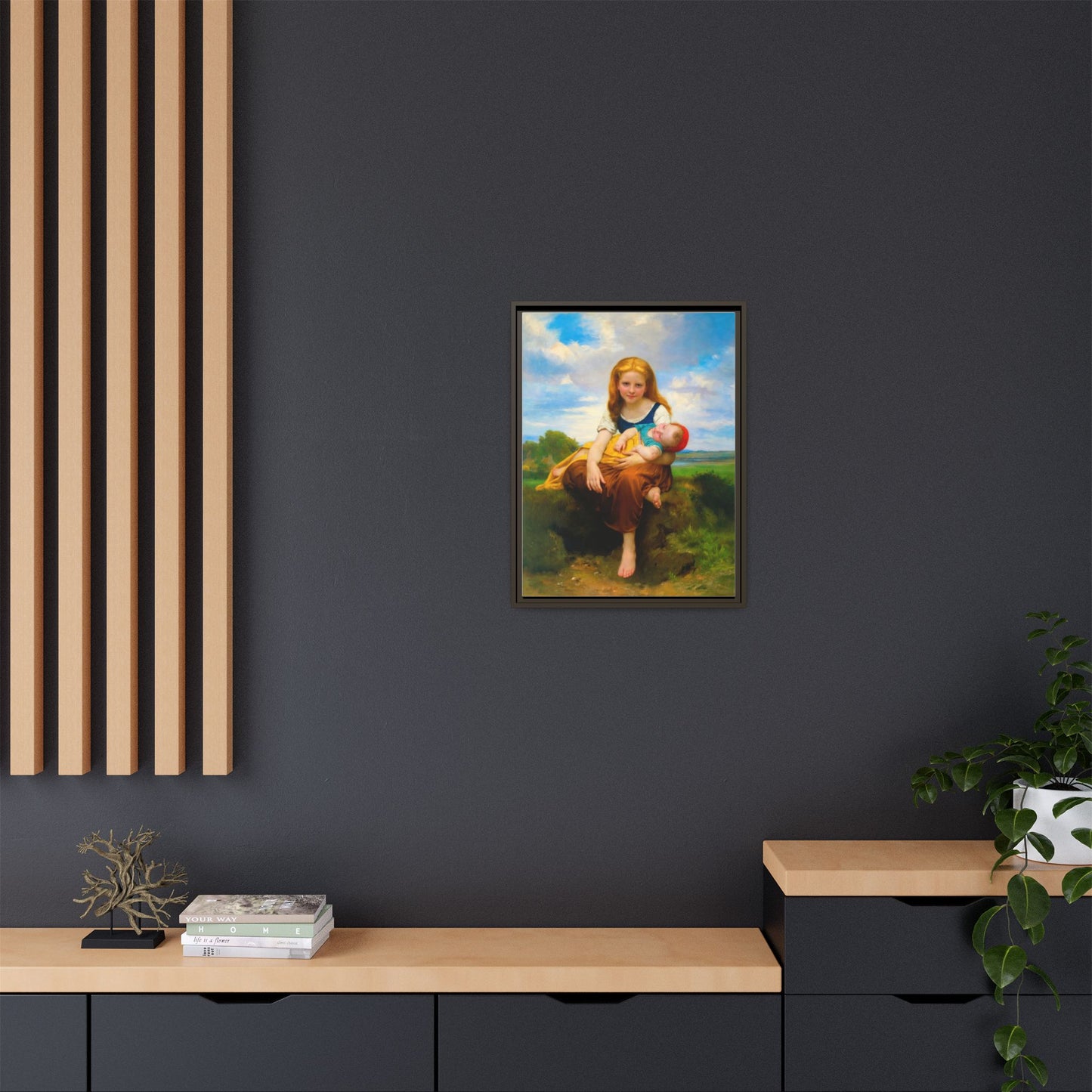 Young Girl Holding Sleeping Baby Canvas Print, Framed Wall Art