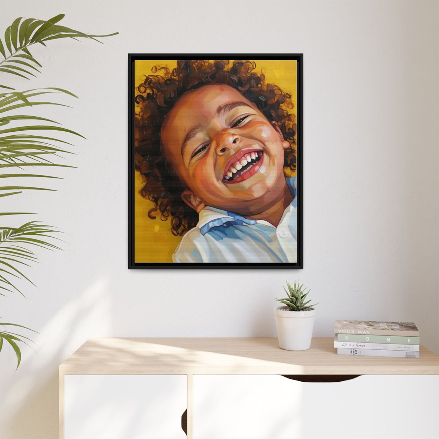 Framed Matte Canvas Print – Joyful Child Portrait, Colorful Nursery Wall Art