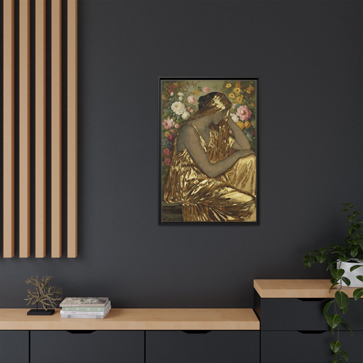 Framed Canvas Art Print — Golden Muse Woman with Floral Background