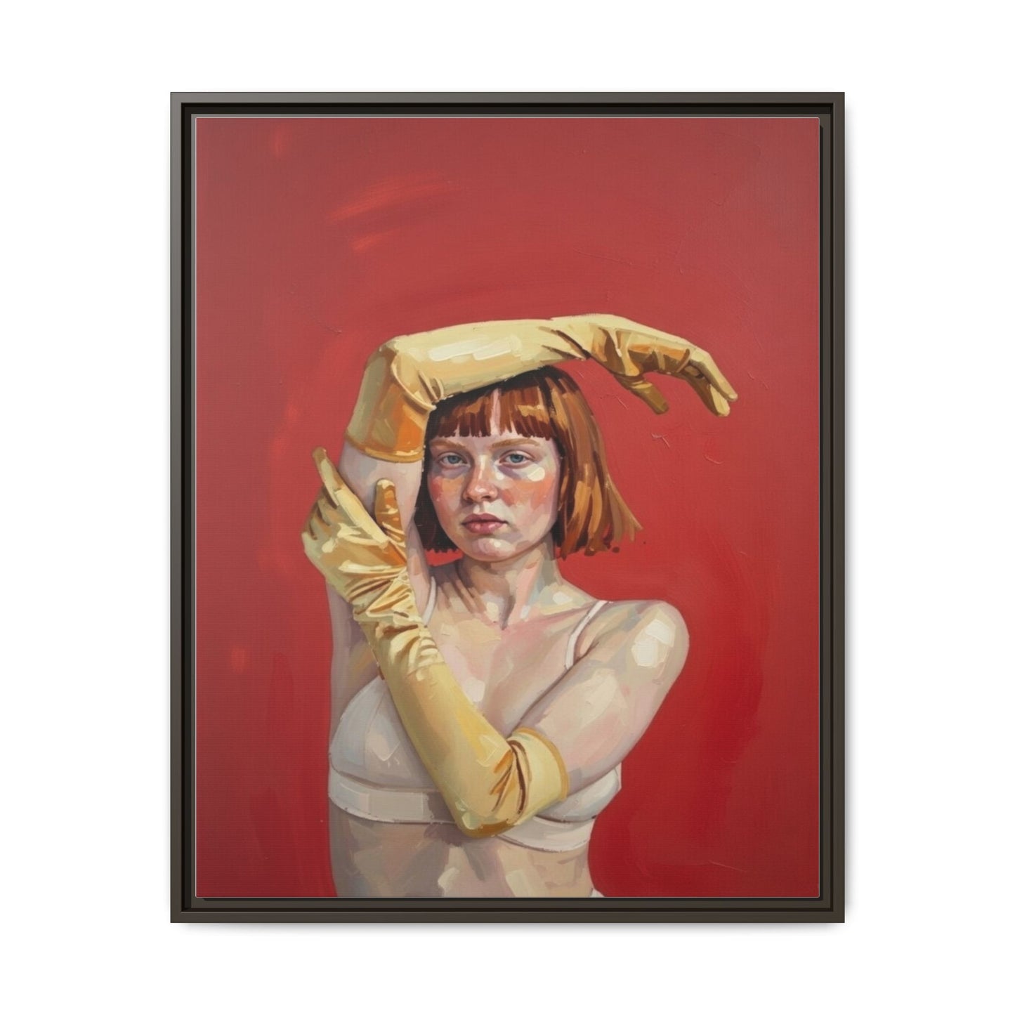 Framed Matte Canvas Art - Portrait of Woman in Yellow Gloves (Red Background)