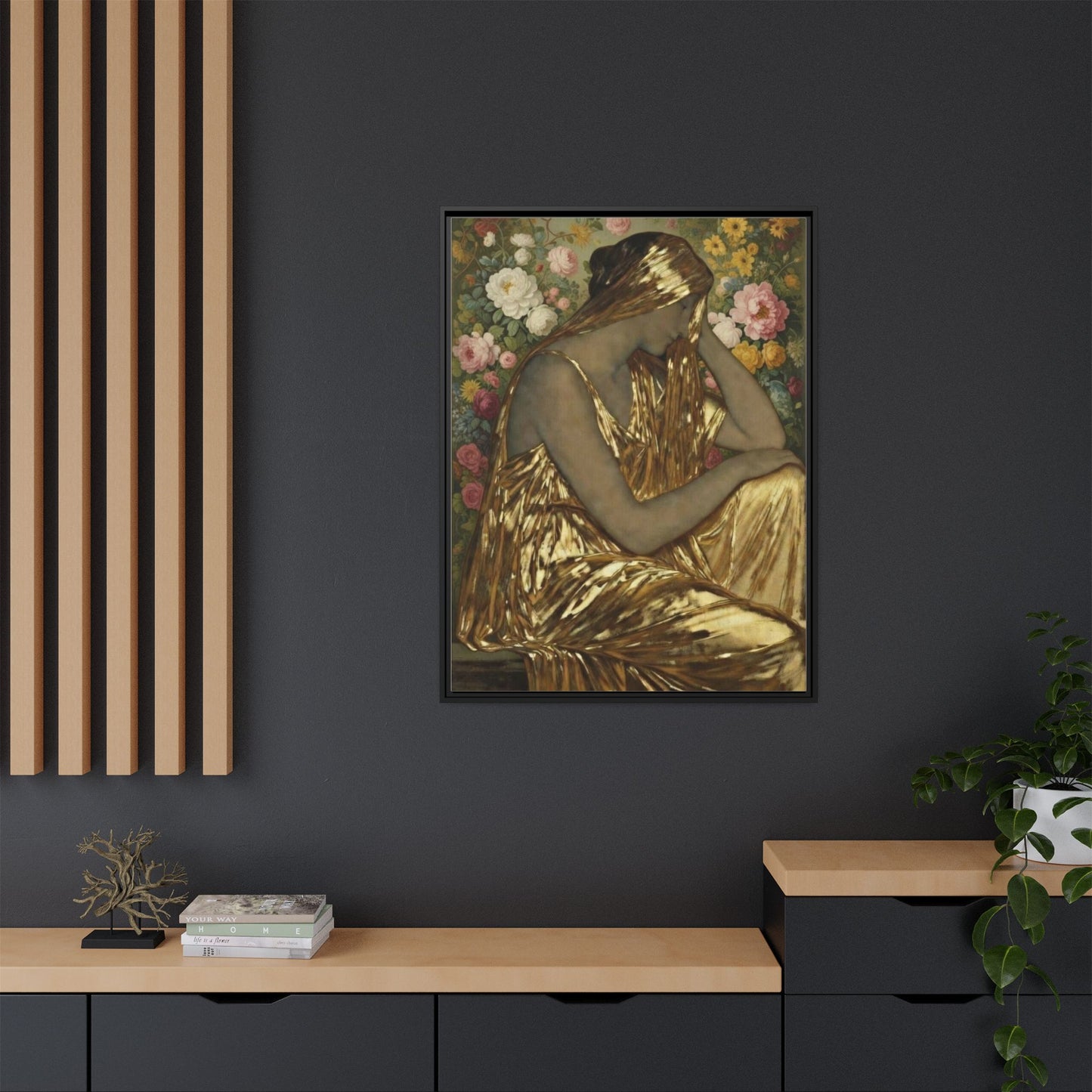 Framed Canvas Art Print — Golden Muse Woman with Floral Background