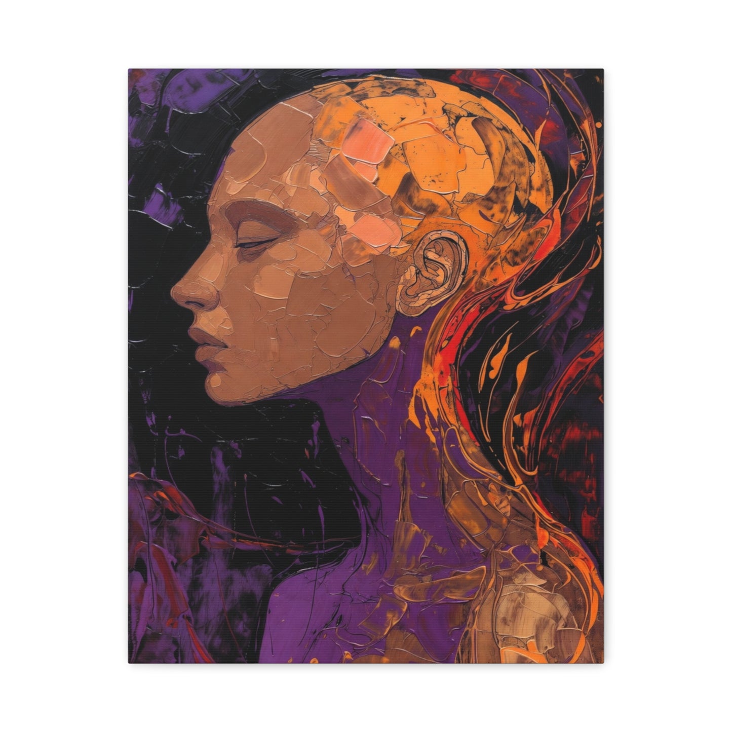 Abstract Portrait Canvas - Meditative Female Profile in Purple & Orange