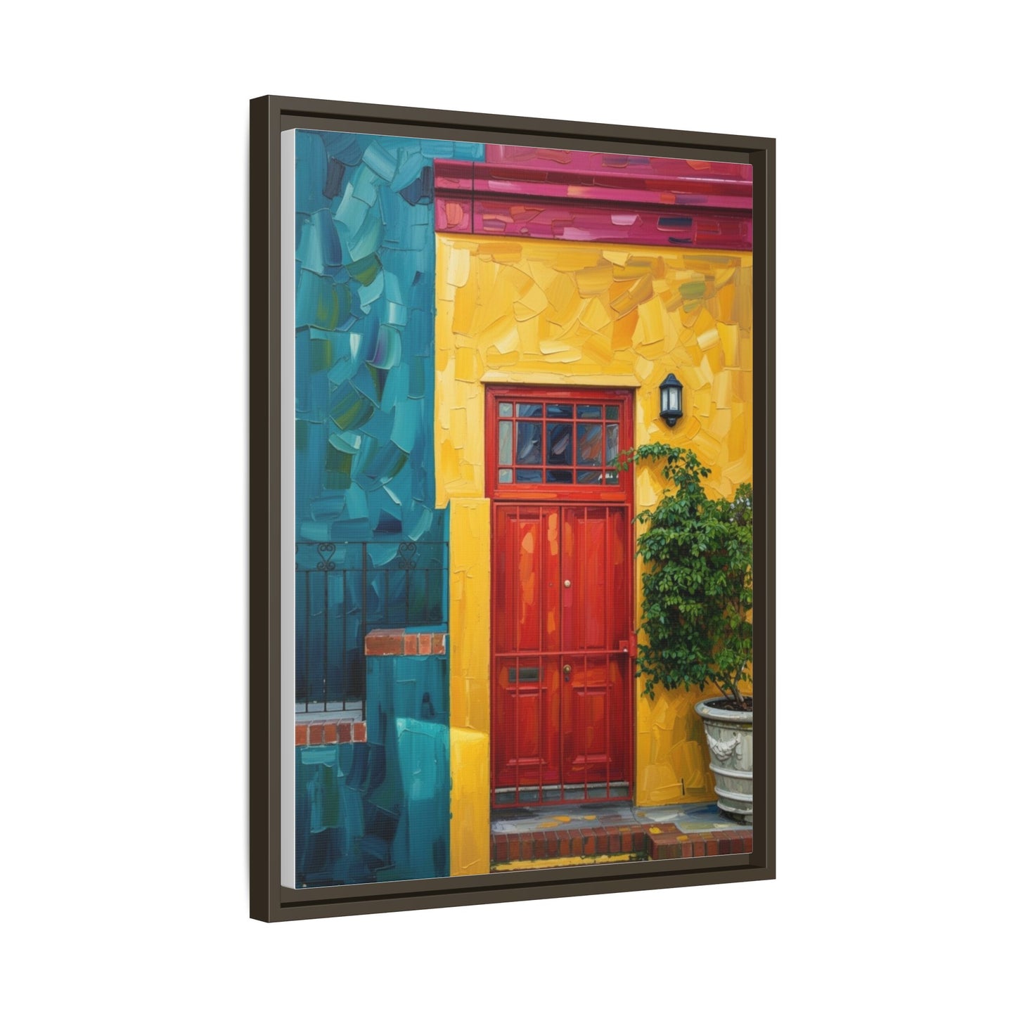 Framed Matte Canvas Wall Art — Colorful Red Door on Yellow Facade