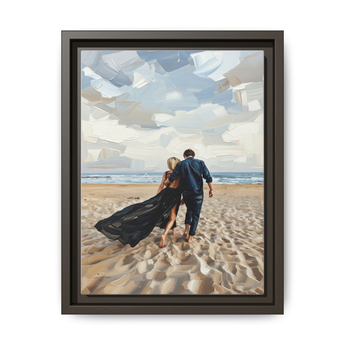 Framed Canvas Wall Art — Romantic Couple Walking on Beach Print
